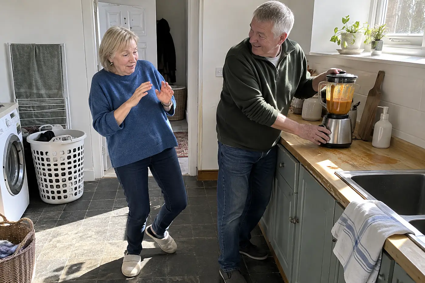 Older man blends red lentil soup beside a utility-room counter.