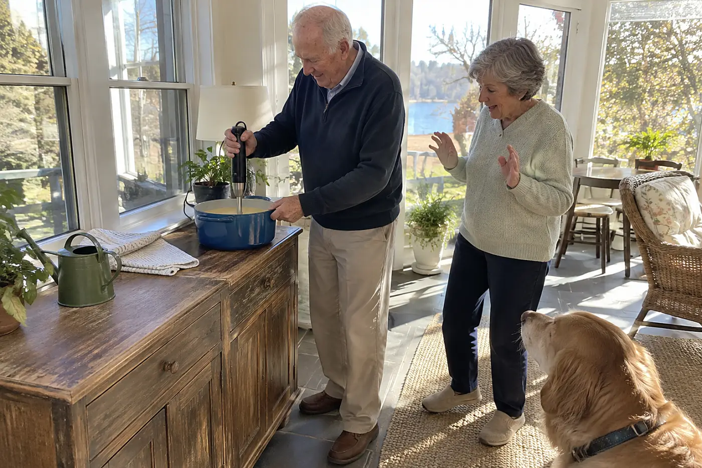Older man blends potato soup at a sunroom sideboard.