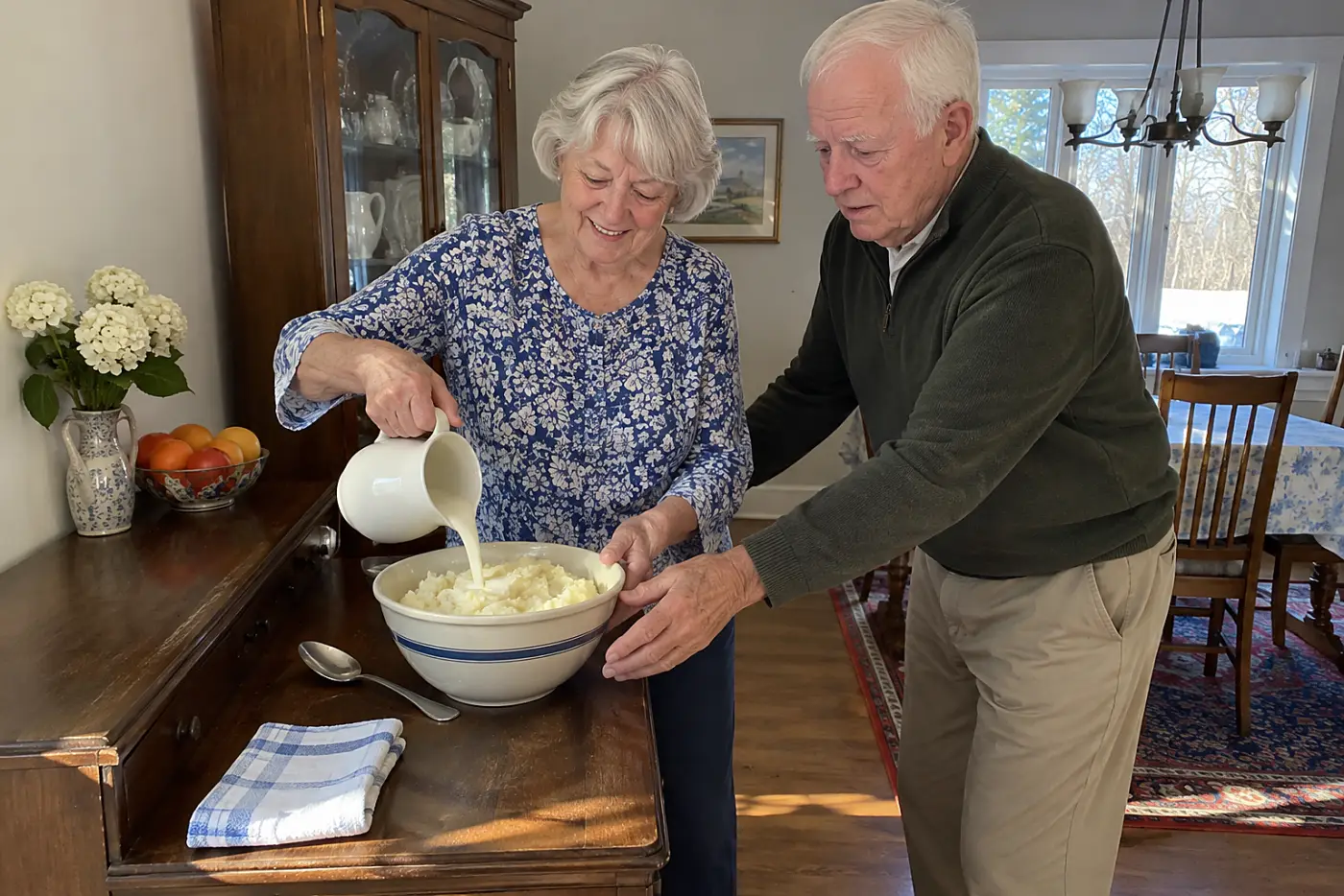 Older woman pours warm milk into potatoes at a dining-room serving cabinet.
