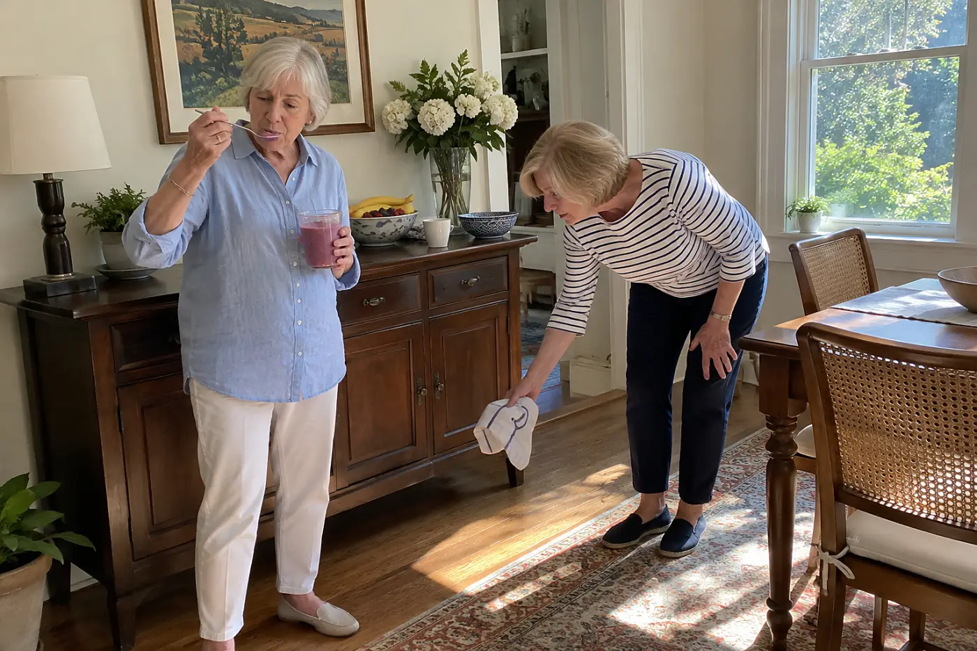 Older woman checks a berry smoothie on a spoon beside a dining-room sideboard.