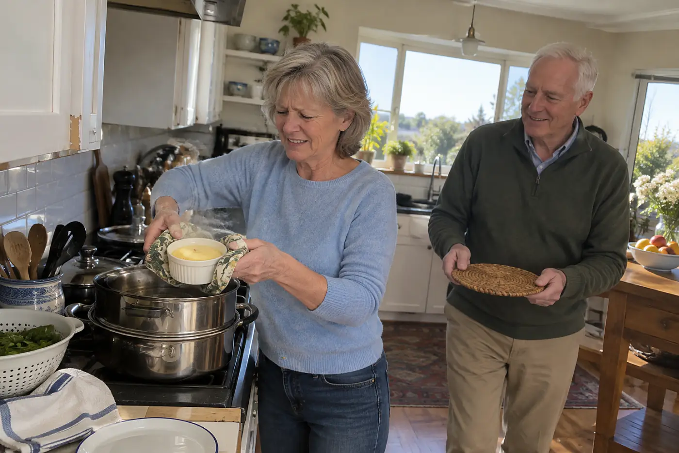 Older woman lifts a cup of steamed egg custard from a covered pan in a kitchen.
