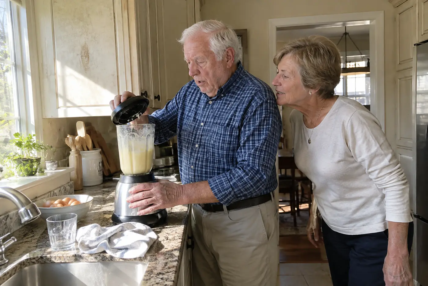Older man blends eggs and cottage cheese at a kitchen counter.