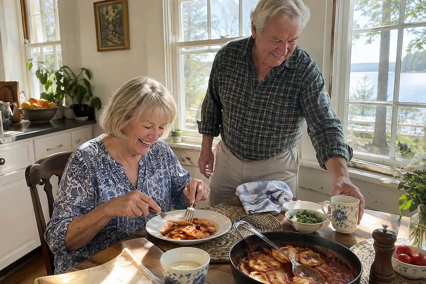 Older woman cuts a sauced ravioli with a fork in a breakfast nook.