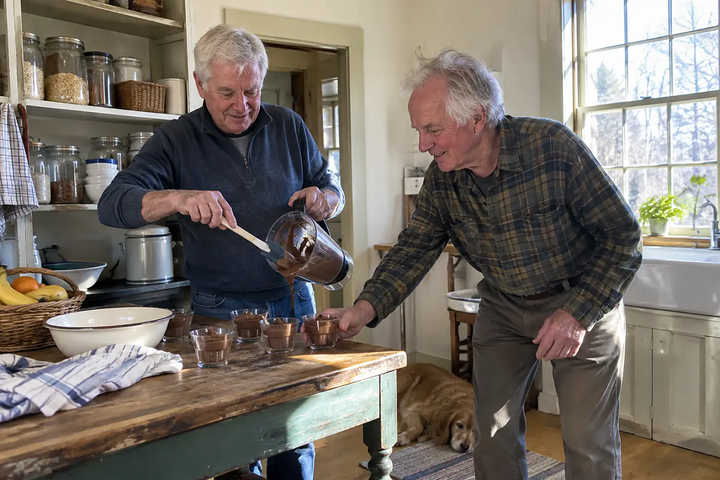 Older man scrapes chocolate pudding from a blender into cups in a pantry.