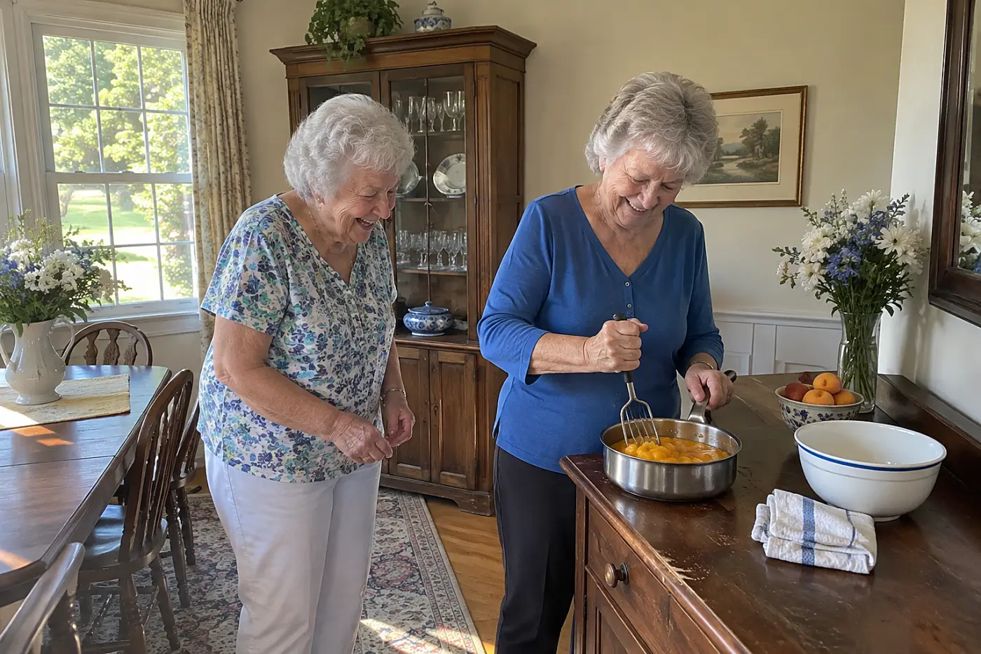 Older woman mashes stewed peaches in a saucepan at a dining-room buffet.