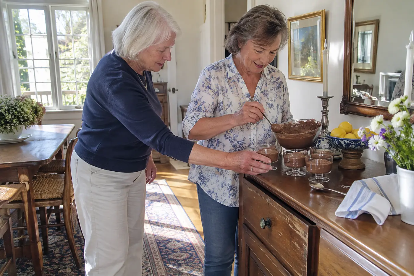 Older woman spoons chocolate tofu mousse into cups on a dining-room sideboard.