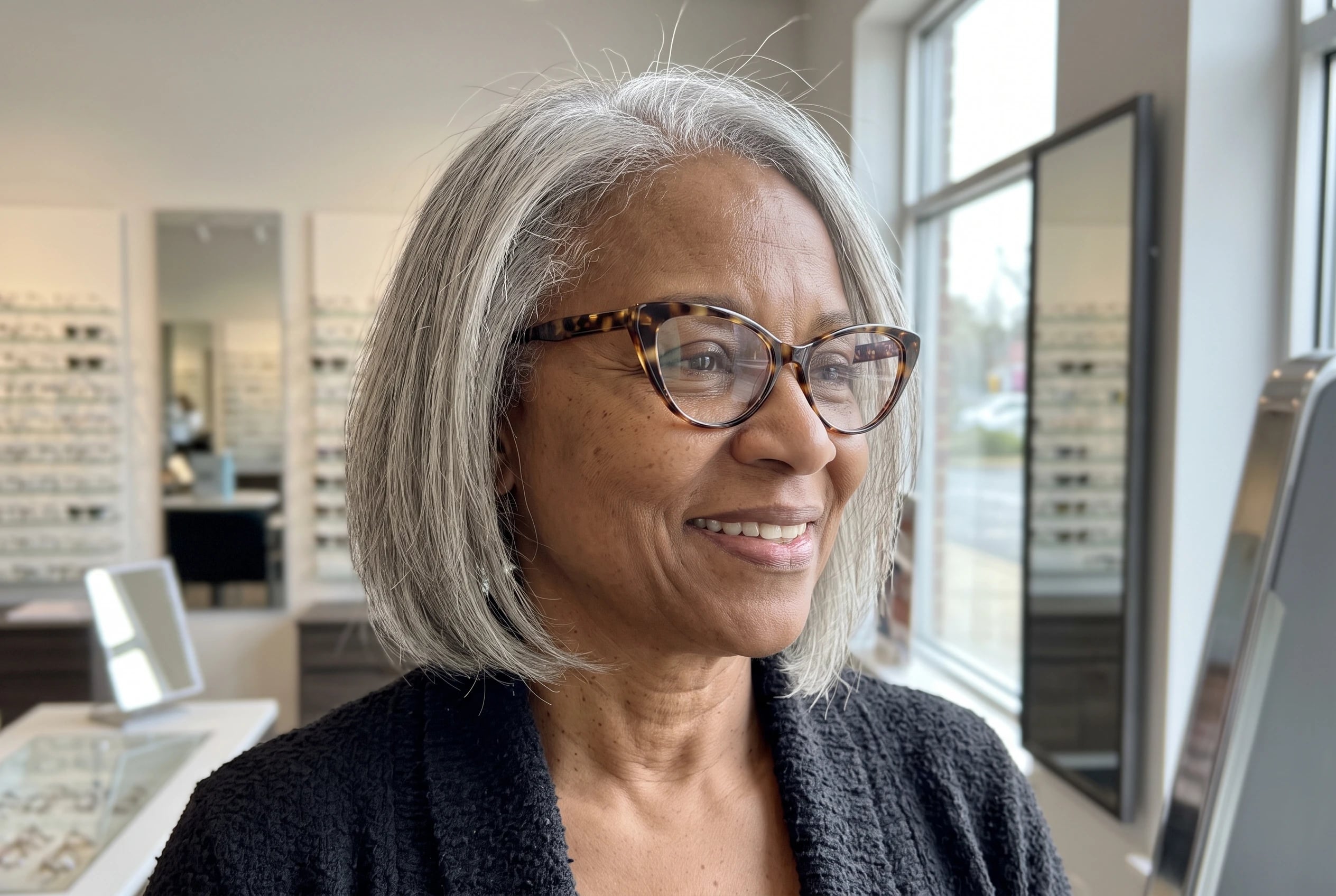 A smiling woman in her fifties wears tortoiseshell cat-eye glasses in an optical shop.