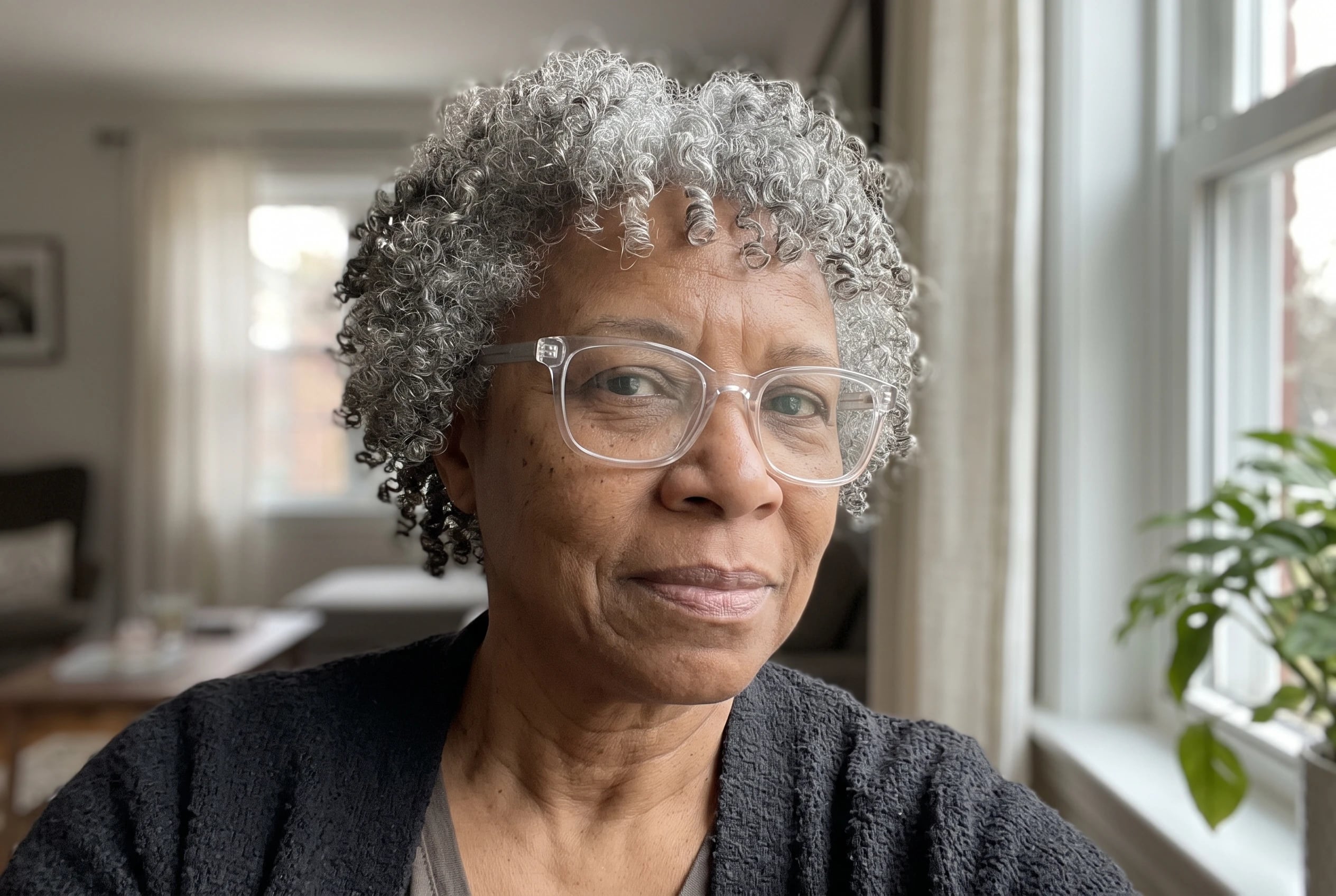 A woman in her sixties with curly grey hair wears clear square glasses by a window.