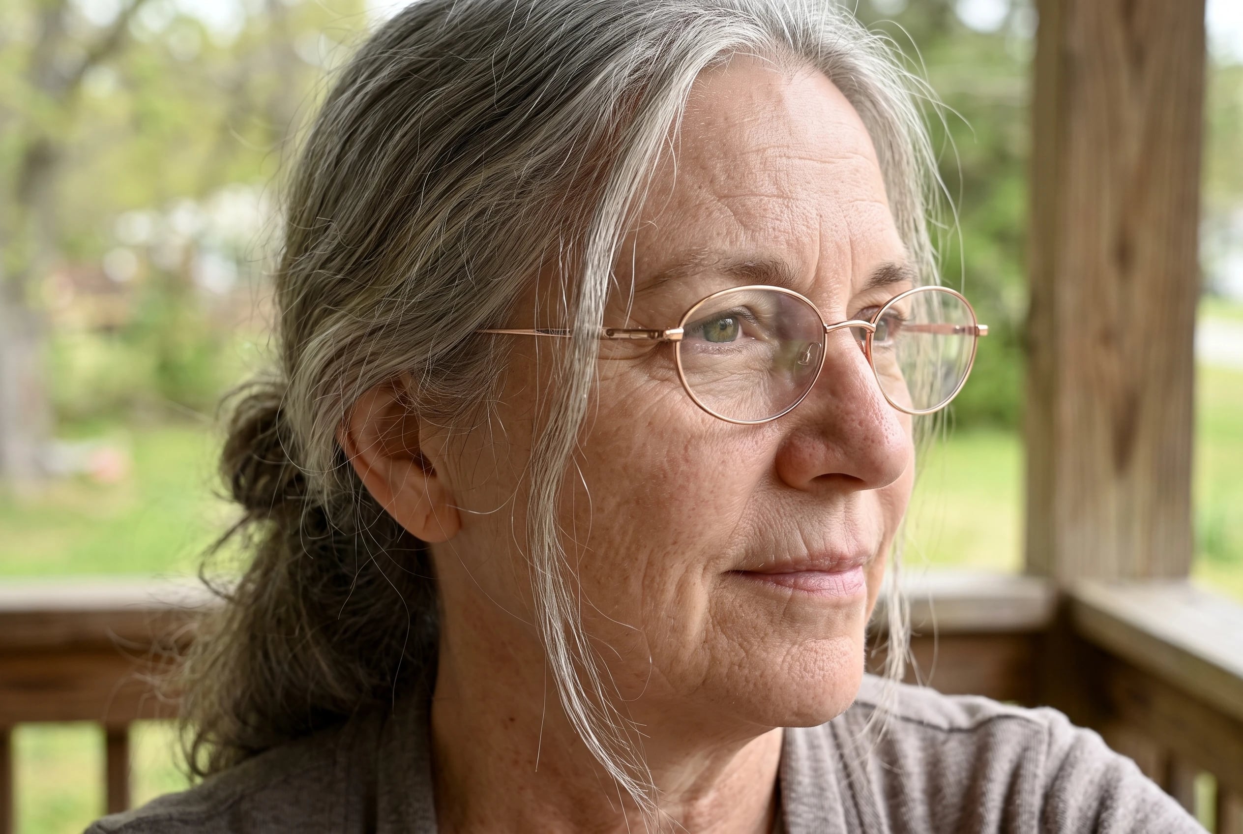 A woman in her sixties wearing rose gold oval metal frames on a wooden porch.