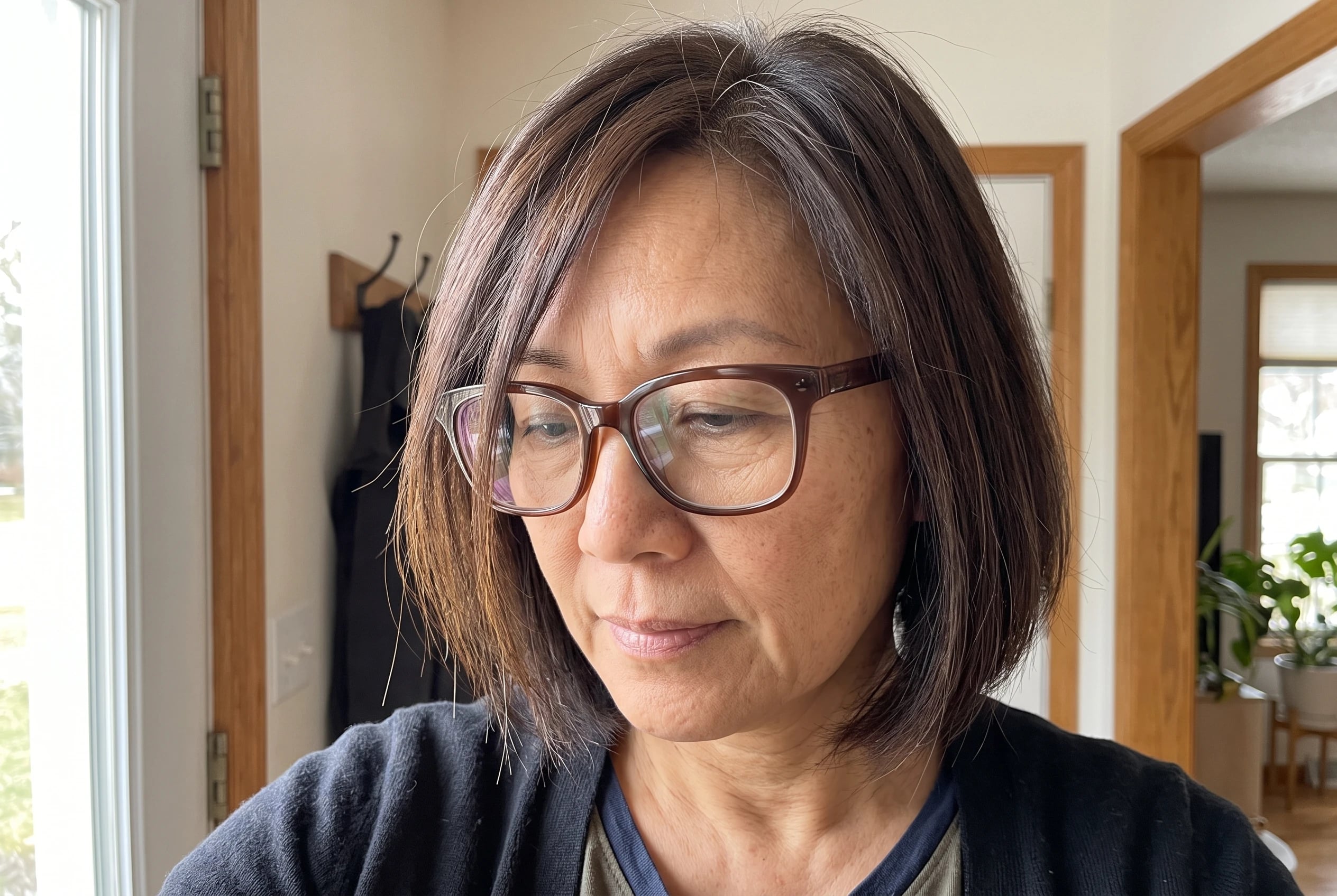 A woman in her fifties wearing chocolate acetate soft-square frames looks down in a hallway.