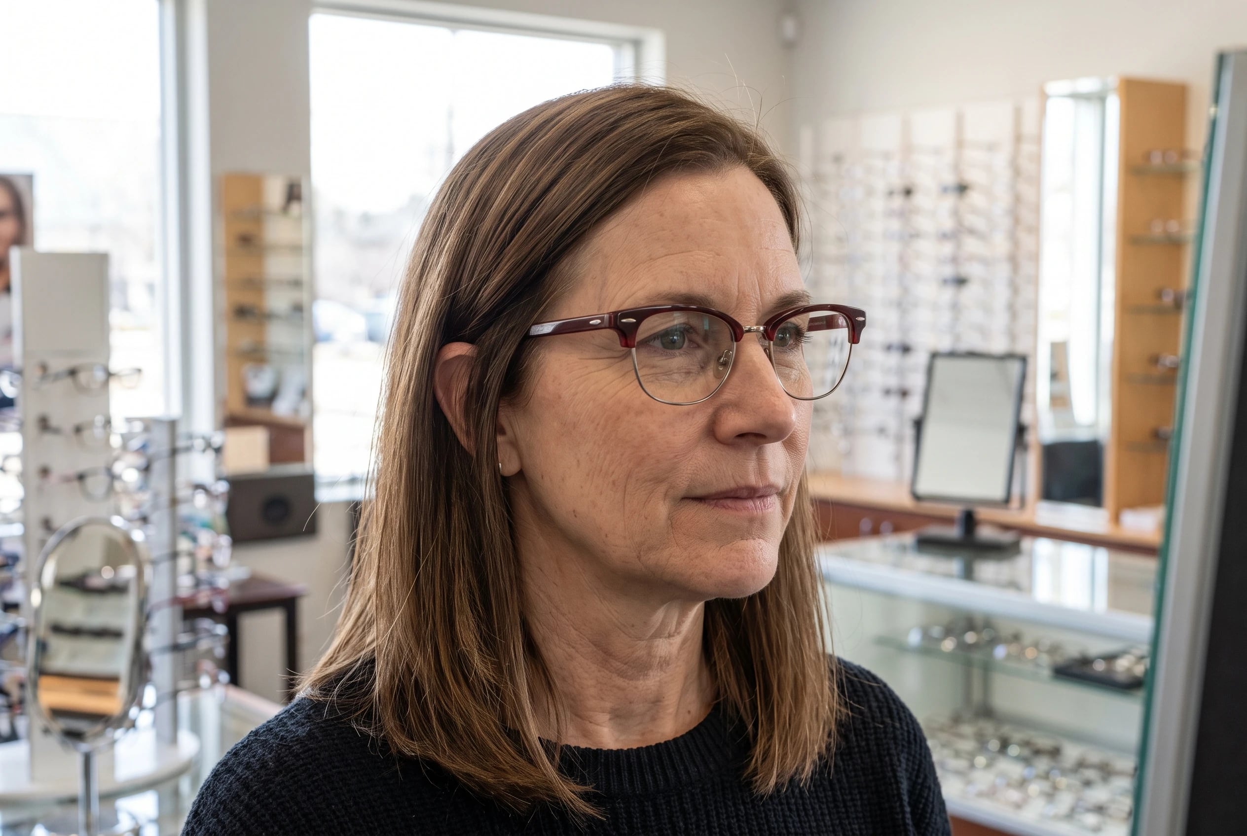 A woman in her fifties wears burgundy acetate browline frames inside an optical shop.