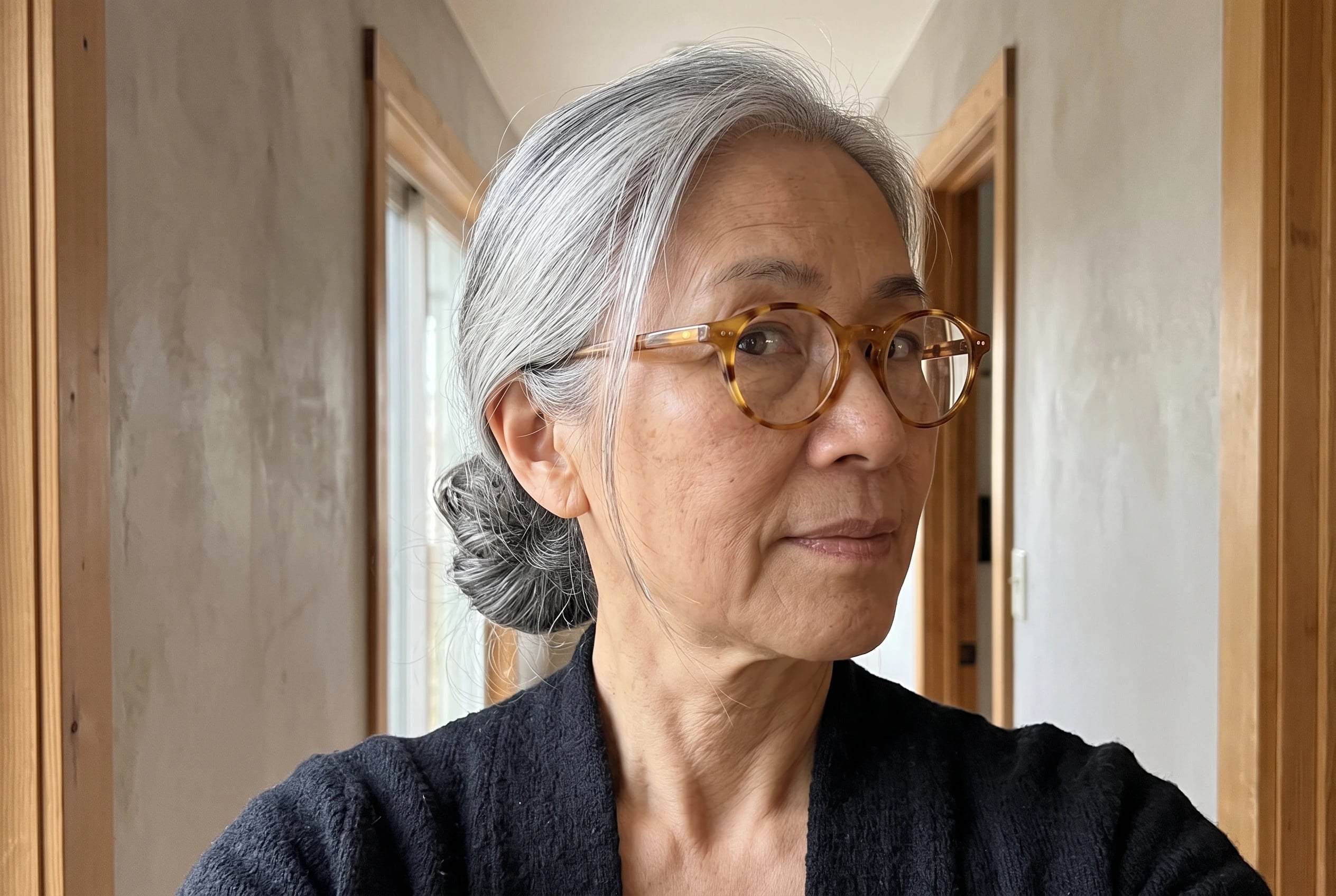A woman in her sixties wears honey tortoiseshell panto frames in a hallway.