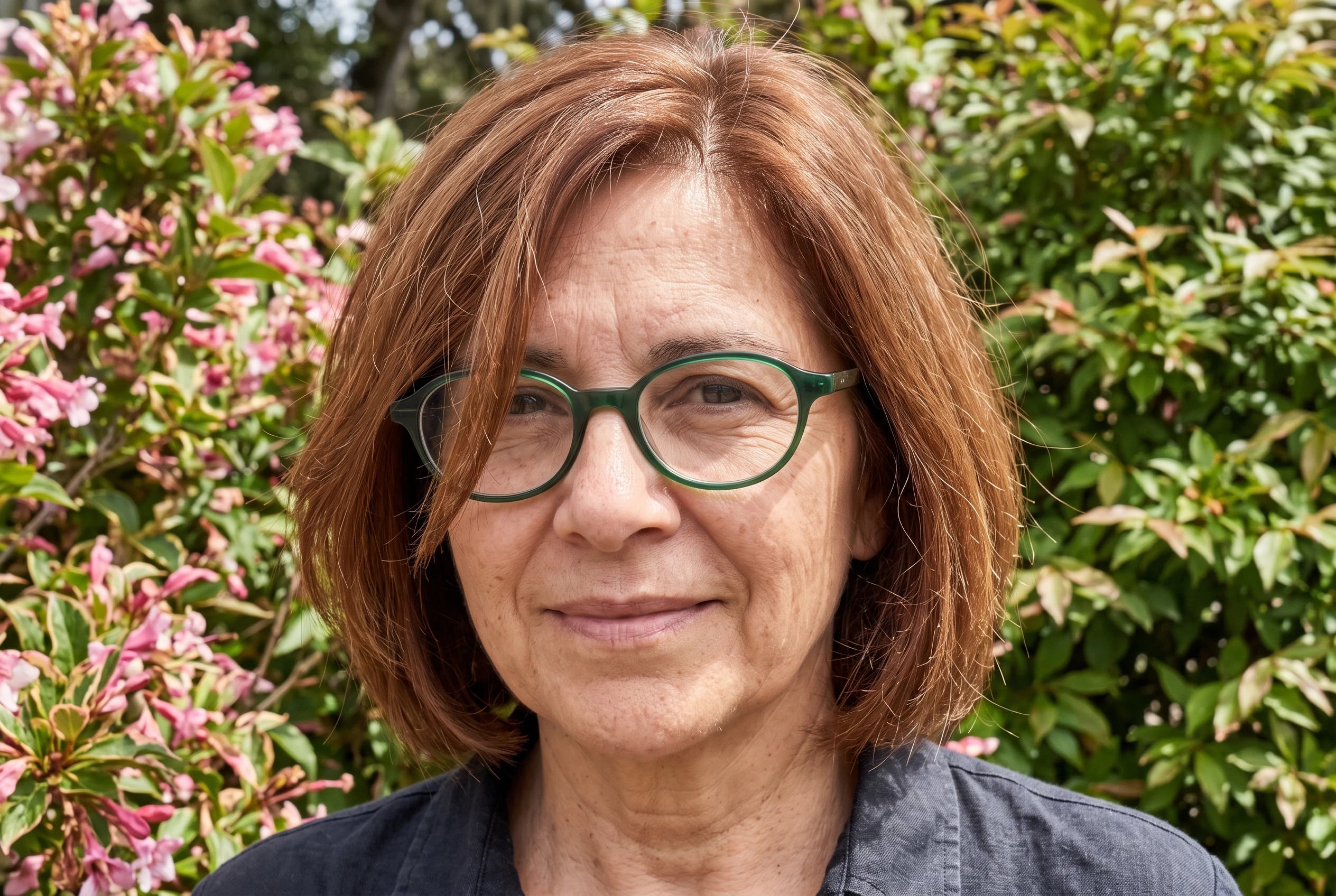 A woman in her fifties wearing deep green acetate oval frames stands before flowering shrubs.