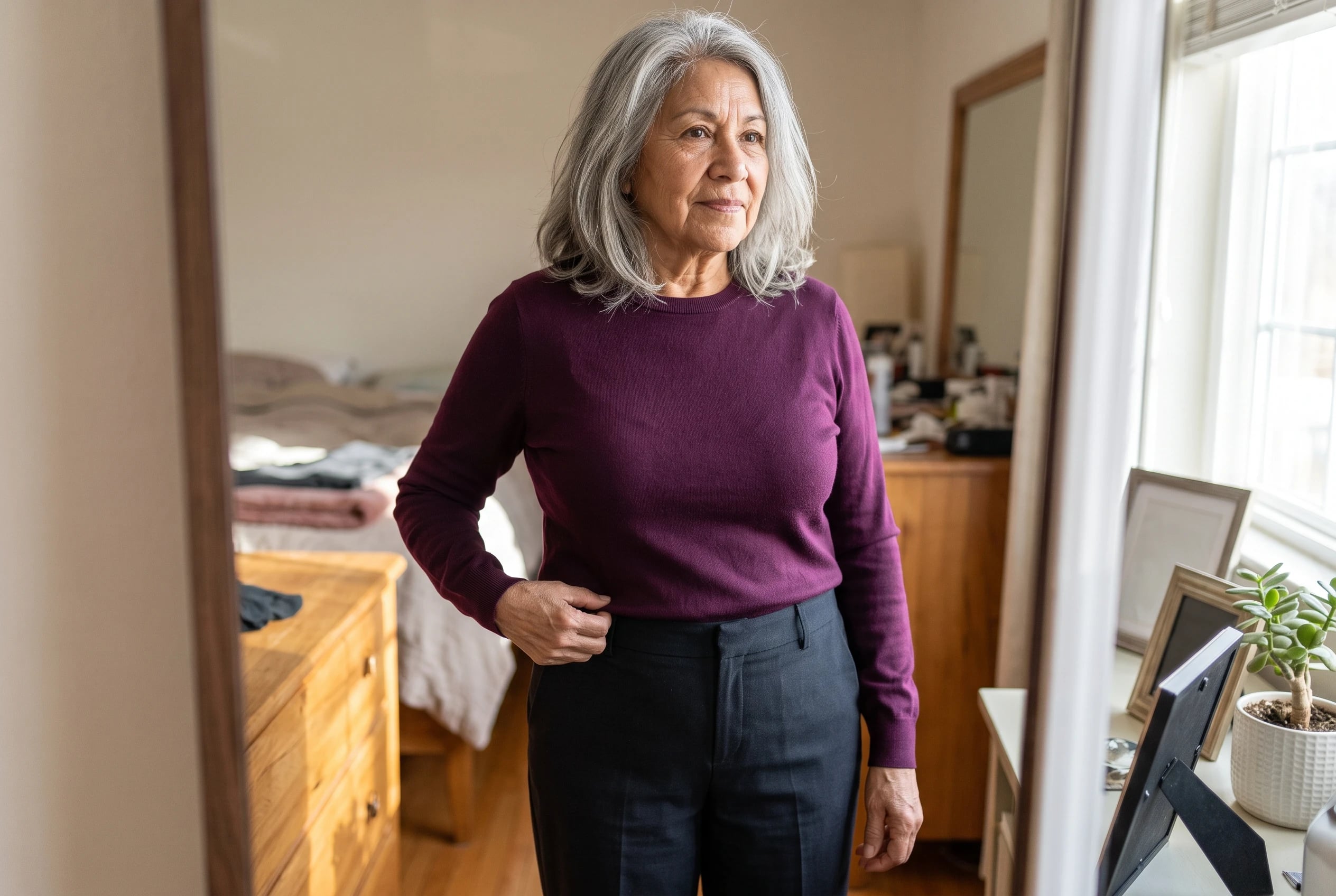 A smooth sweater meeting the waistband of straight trousers fills the center of the frame on a woman in her sixties checking the fit in her bedroom mirror.