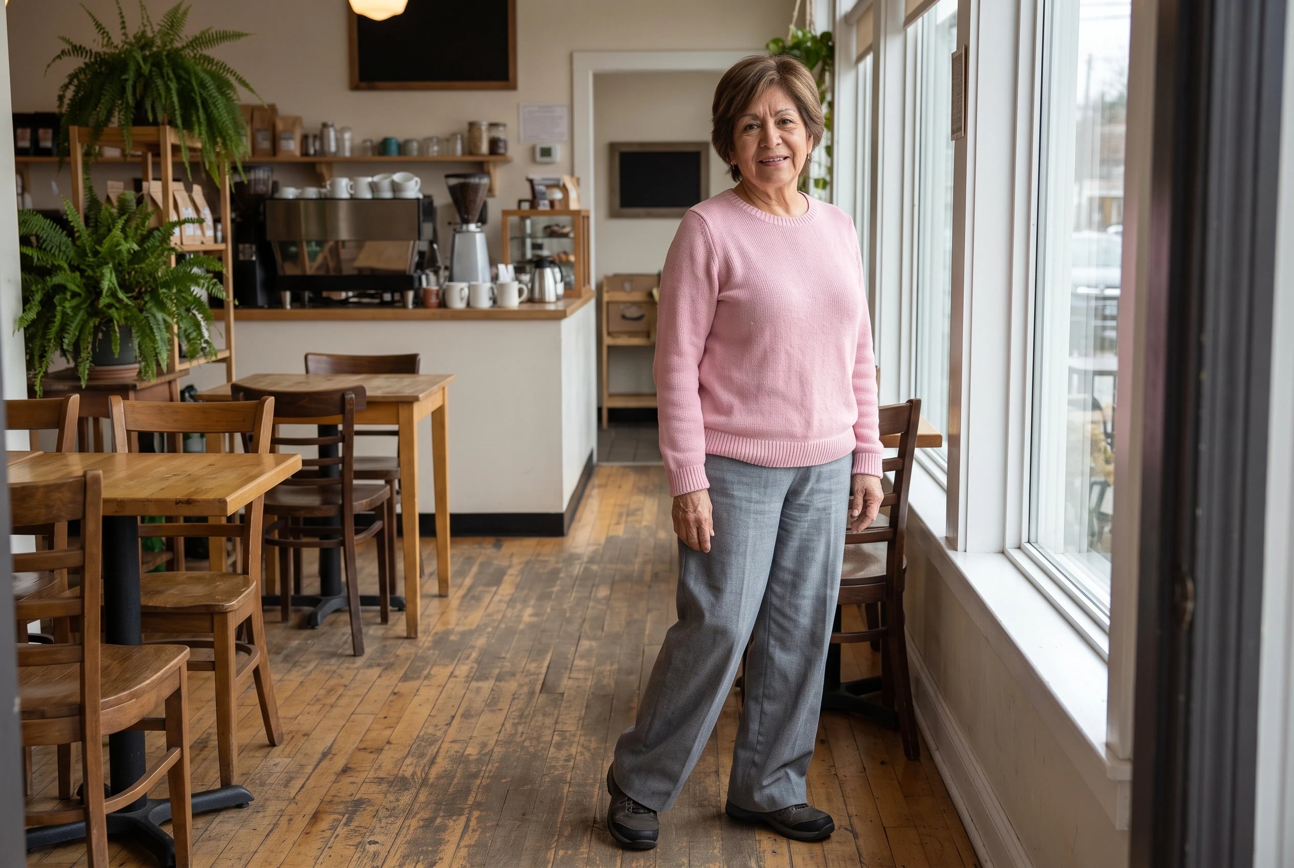 A pink sweater and gray wide-leg pants fill the center of the frame on a woman over 60 standing beside a café window.