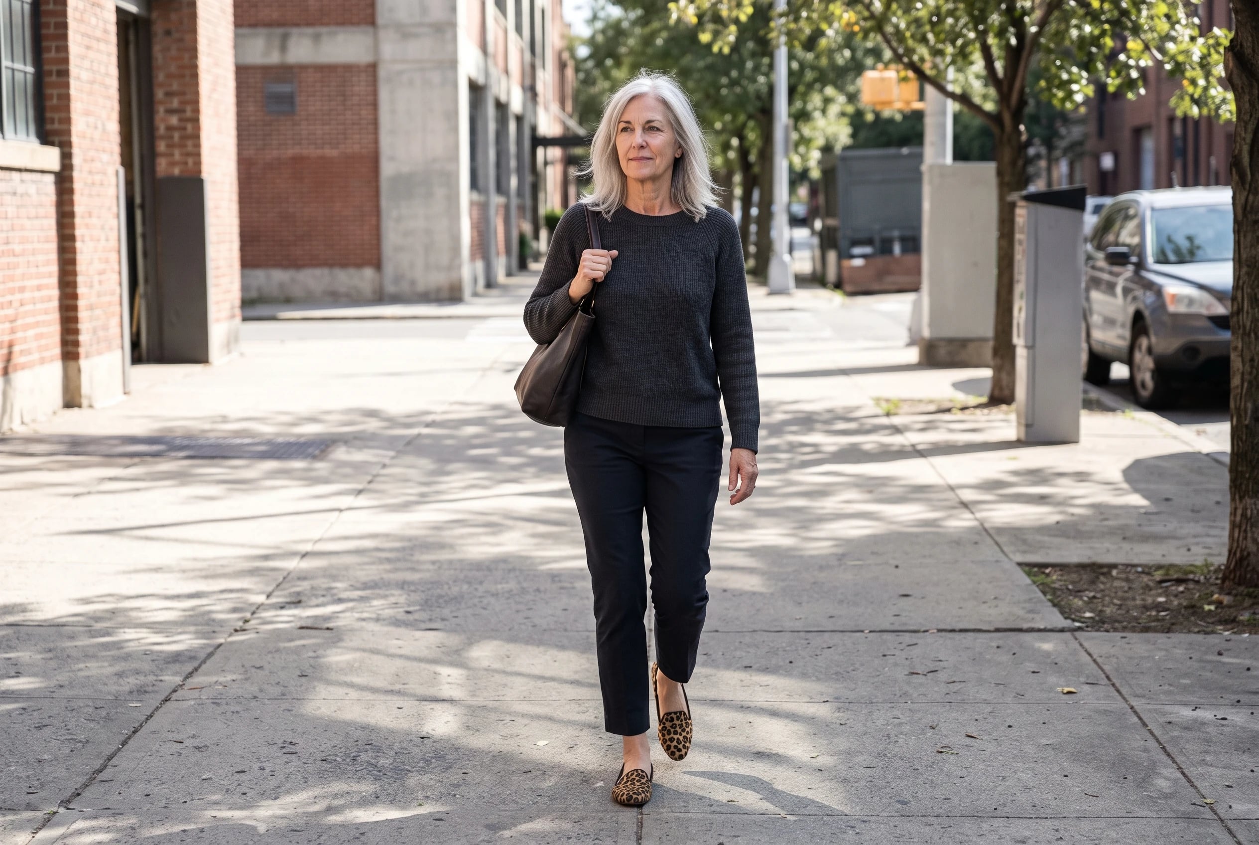 A charcoal sweater, ankle-length dark trousers, and leopard flats fill the center of the frame on a woman in her sixties crossing a sunlit sidewalk.