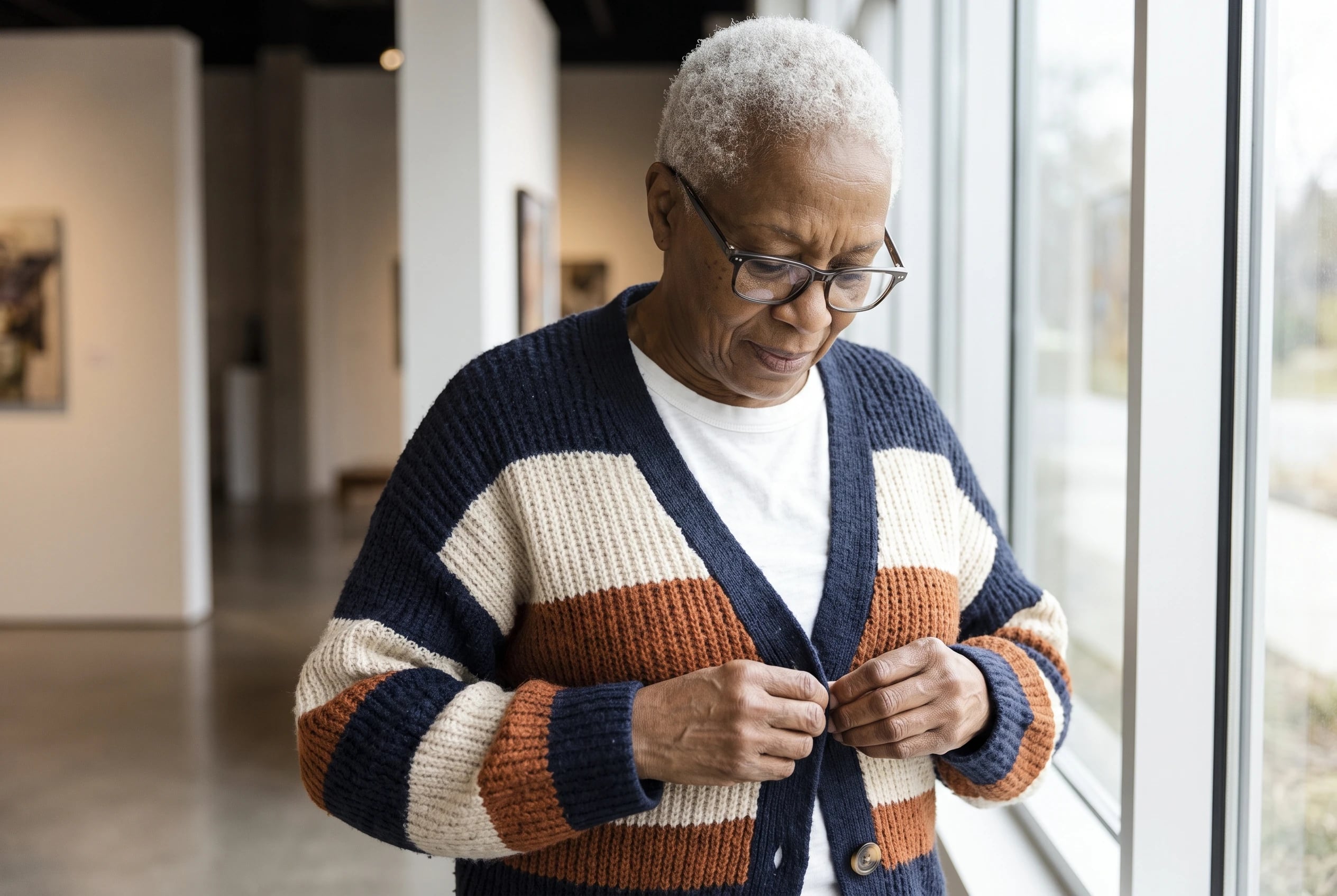 A broad-striped cardigan over a plain white tee fills the center of the frame on a woman over 60 standing at an art gallery window.