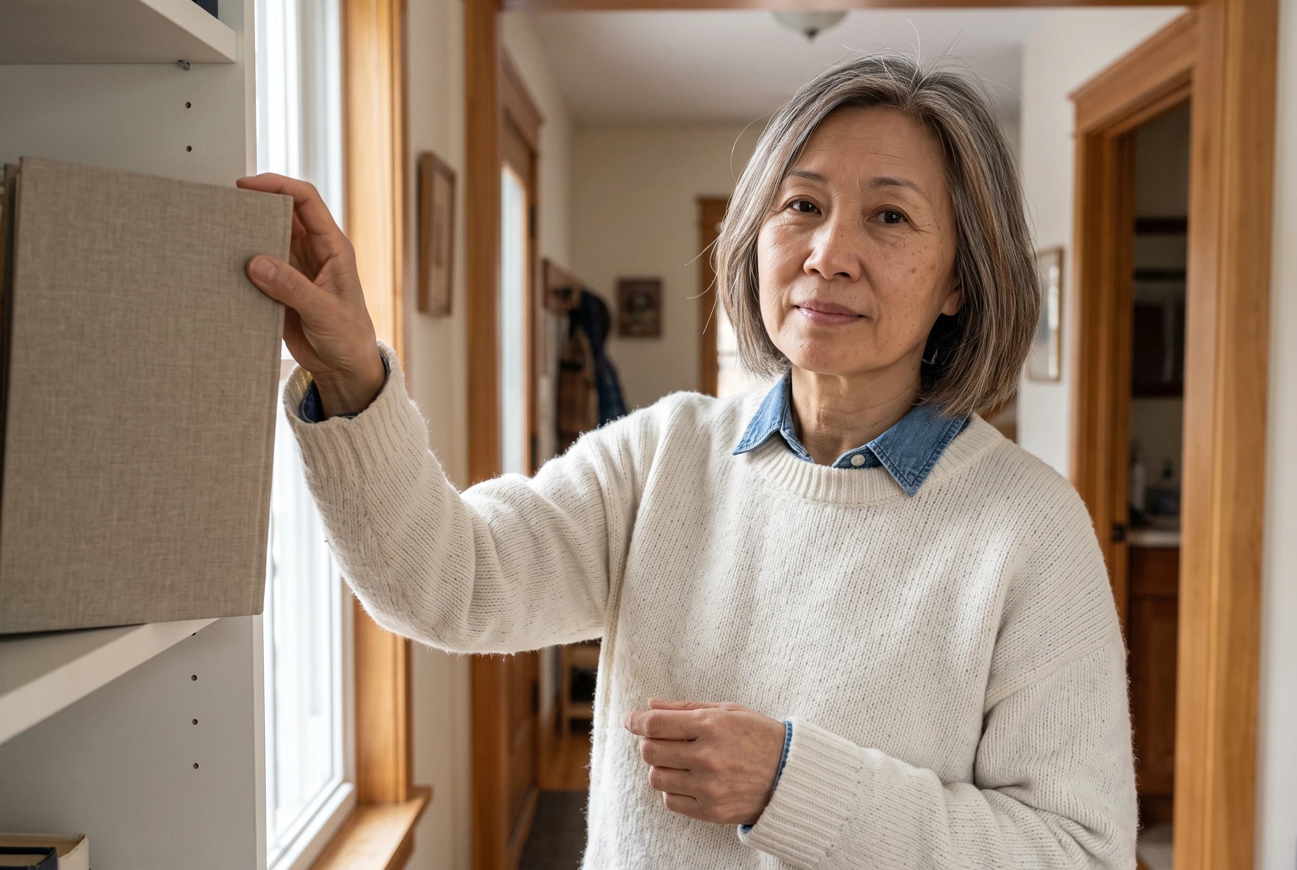 A white sweater with a blue denim shirt collar showing fills the center of the frame on a woman in her sixties reaching for a book at home.