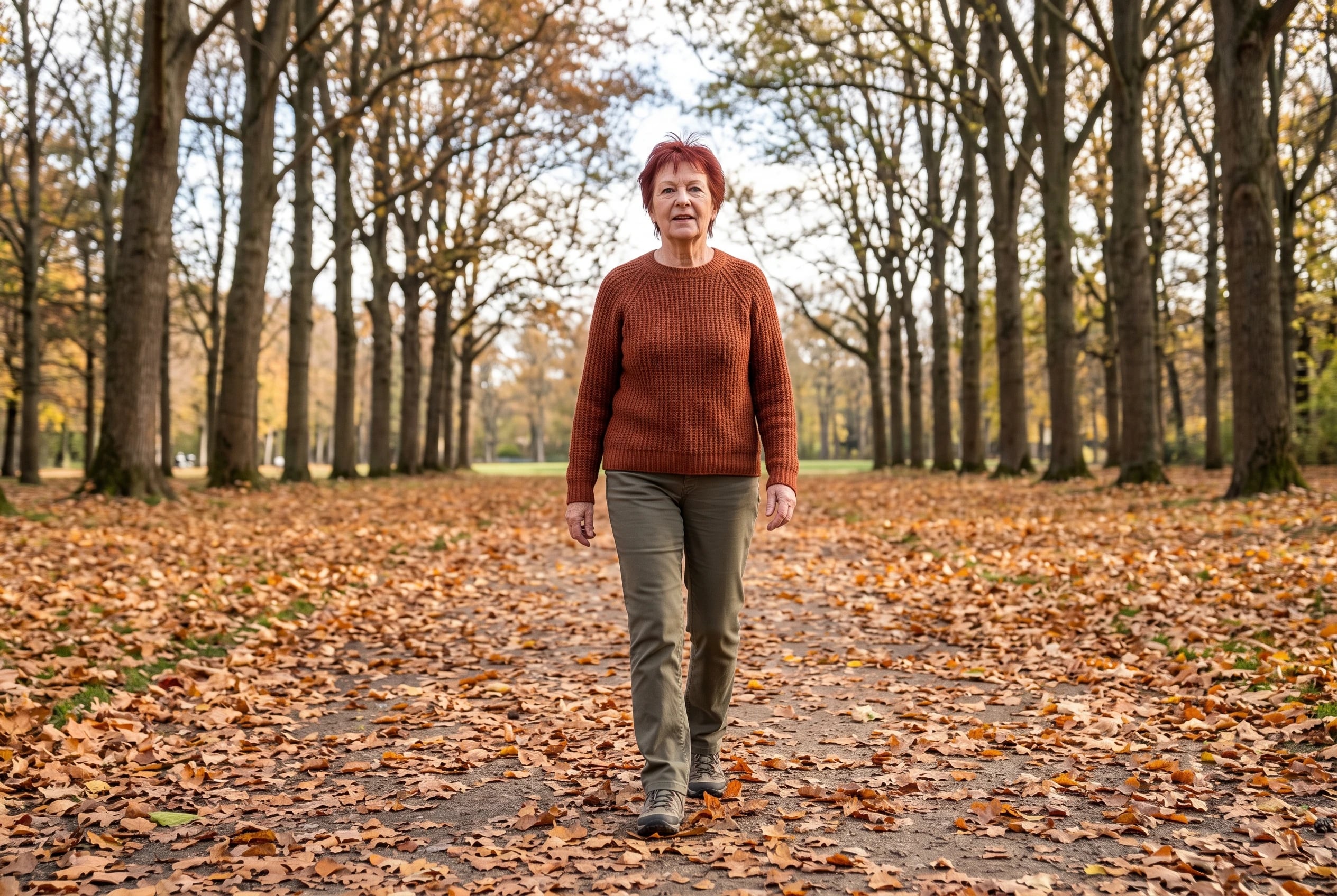 A rust sweater and straight olive pants fill the center of the frame on a woman over 60 walking through a leaf-covered park.