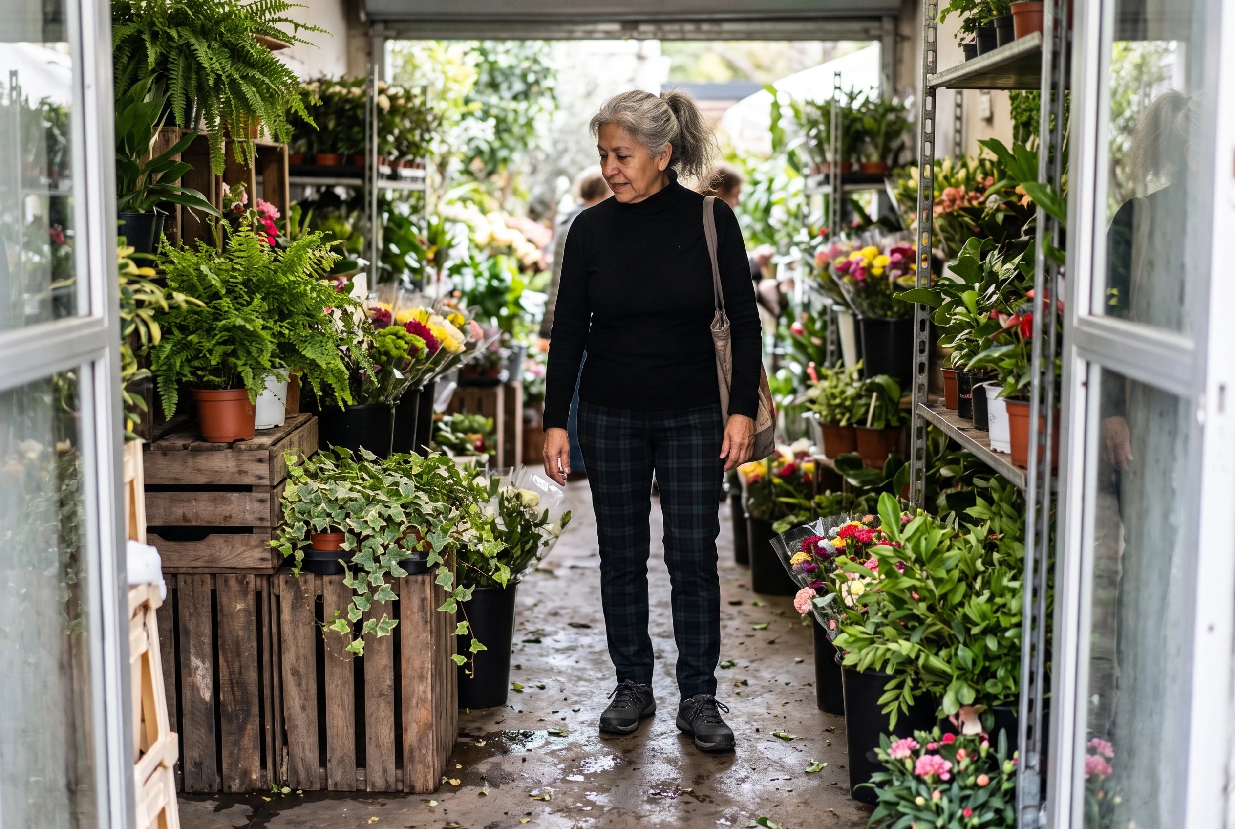 A black turtleneck and plaid trousers fill the center of the frame on a woman in her sixties browsing a flower stall.