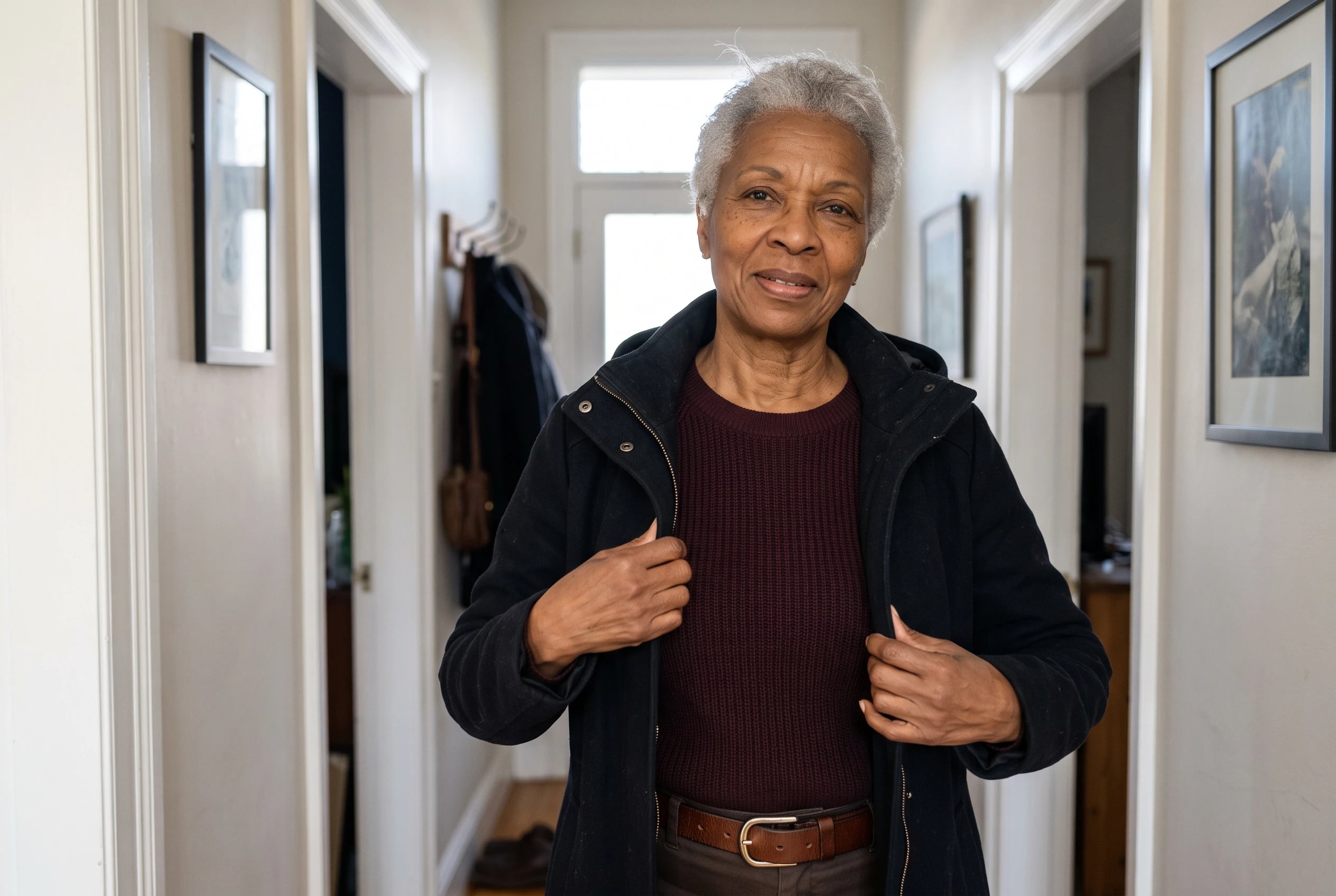 A burgundy sweater and brown leather trouser belt fill the center of the frame on a woman over 60 fastening her coat in a hallway.