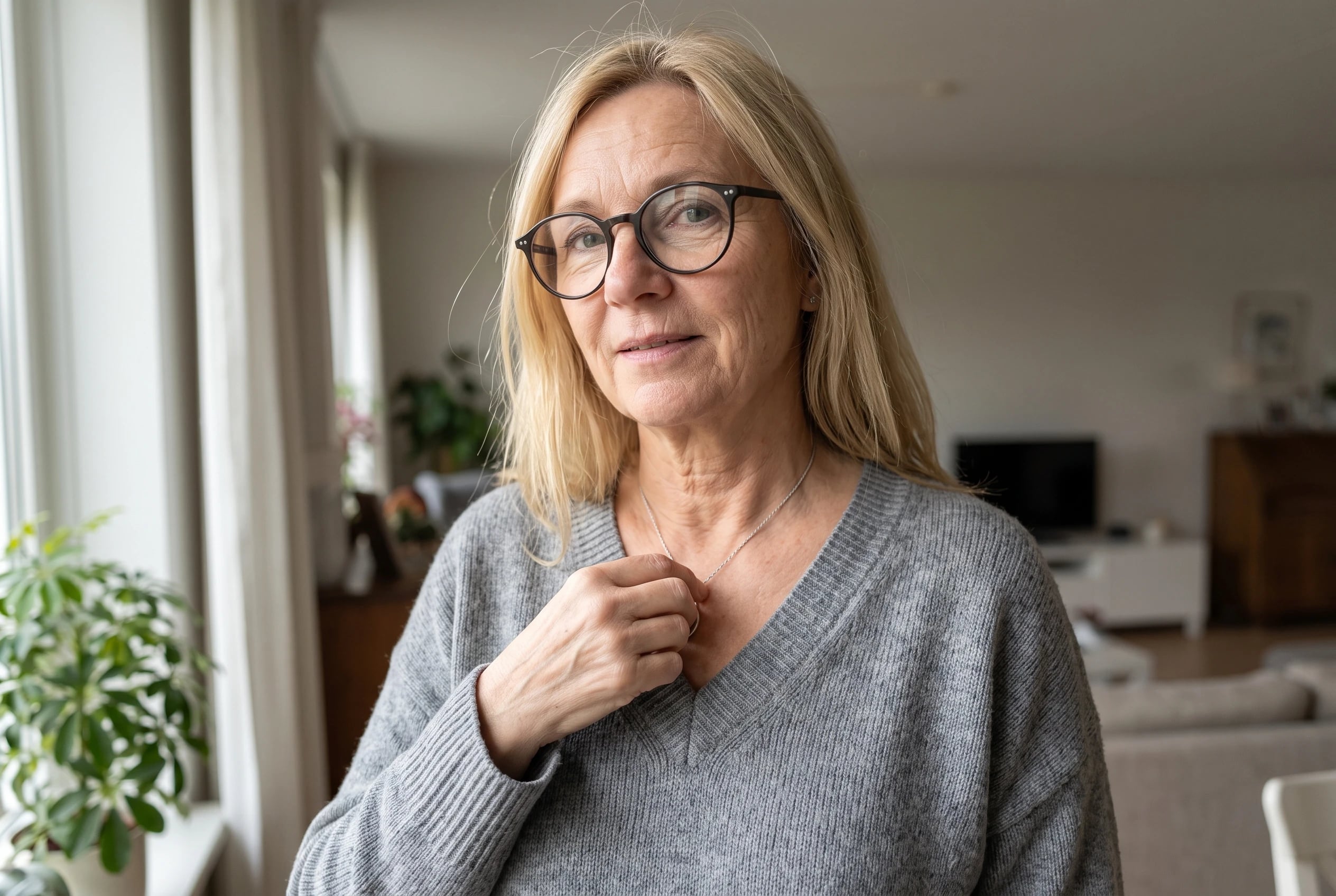 A gray V-neck sweater and silver necklace fill the center of the frame on a woman in her sixties standing near a living-room window.