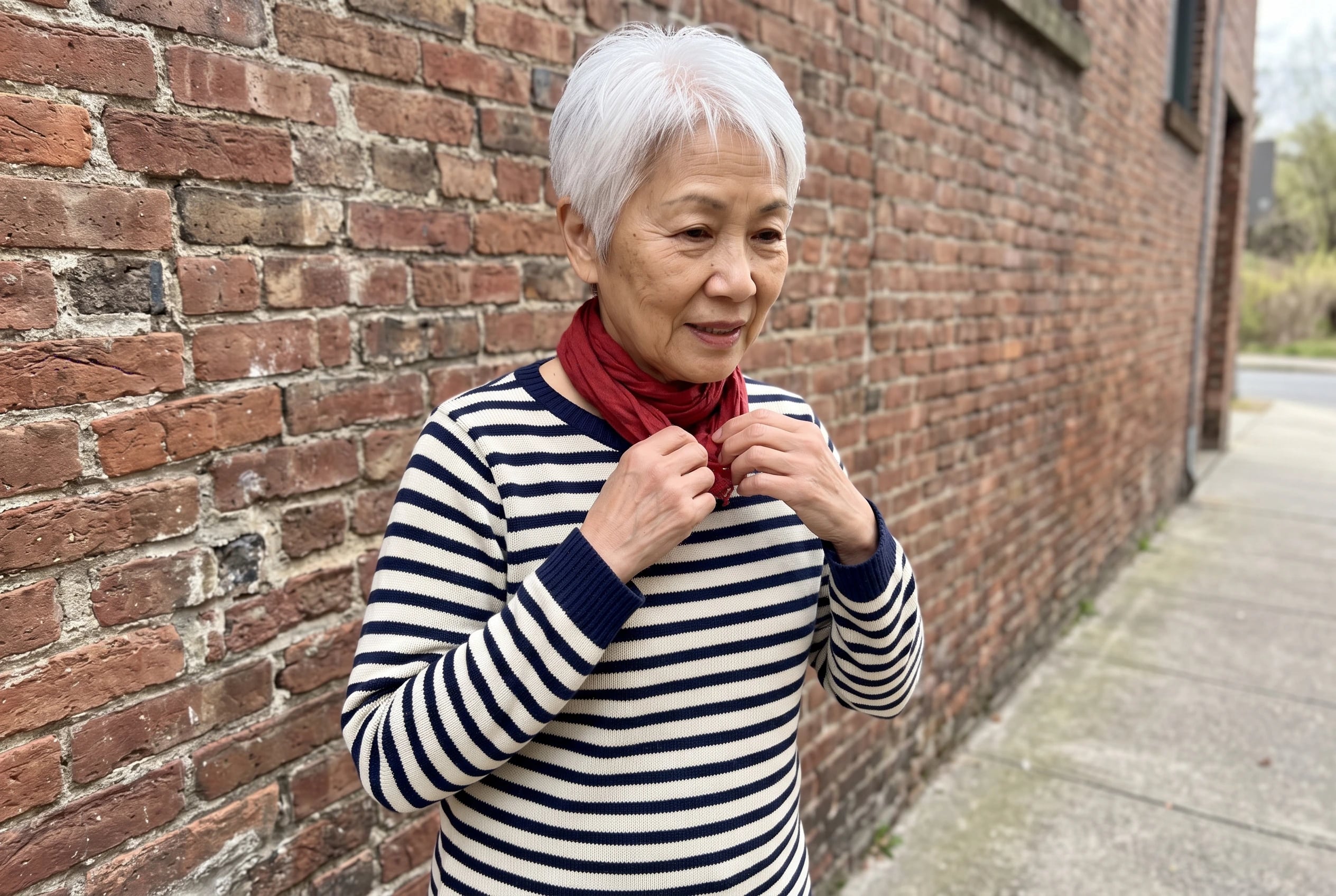 A striped Breton sweater and small red scarf fill the center of the frame on a woman over 60 walking beside a brick wall.