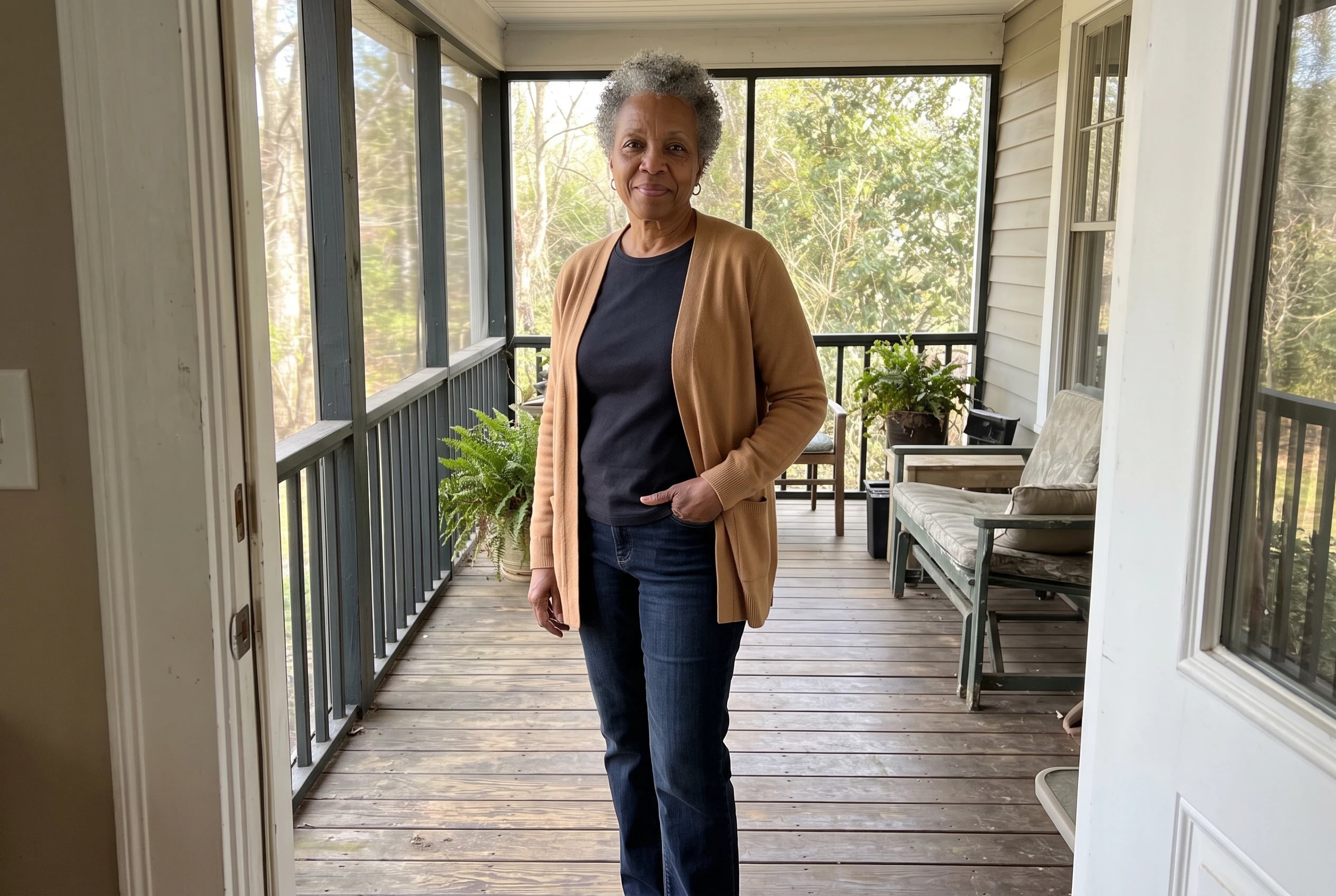 An open camel cardigan over a dark shirt and jeans fills the center of the frame on a woman in her sixties stepping onto her porch.