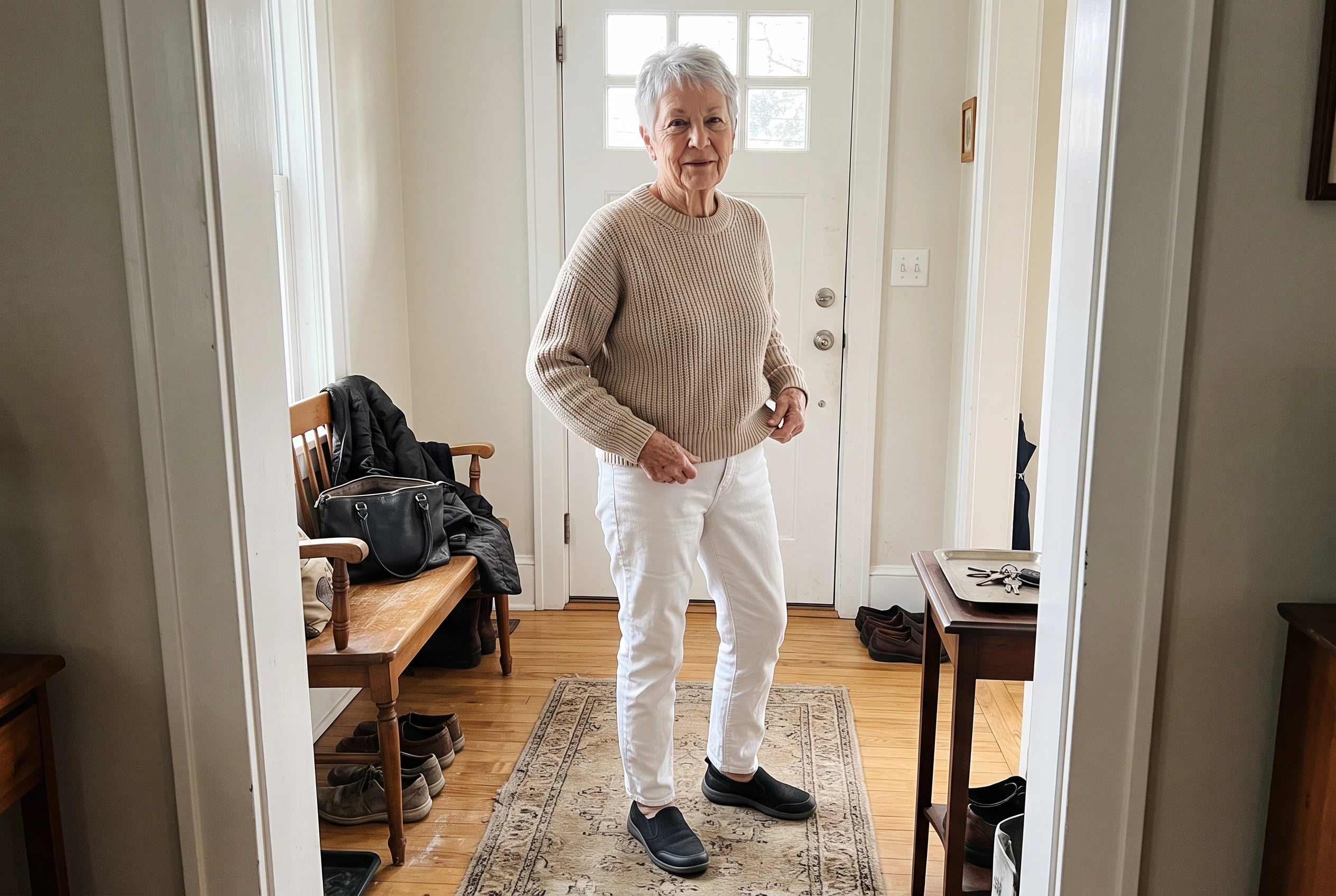 A ribbed sweater and white jeans fill the center of the frame on a woman over 60 standing in a bright entryway.