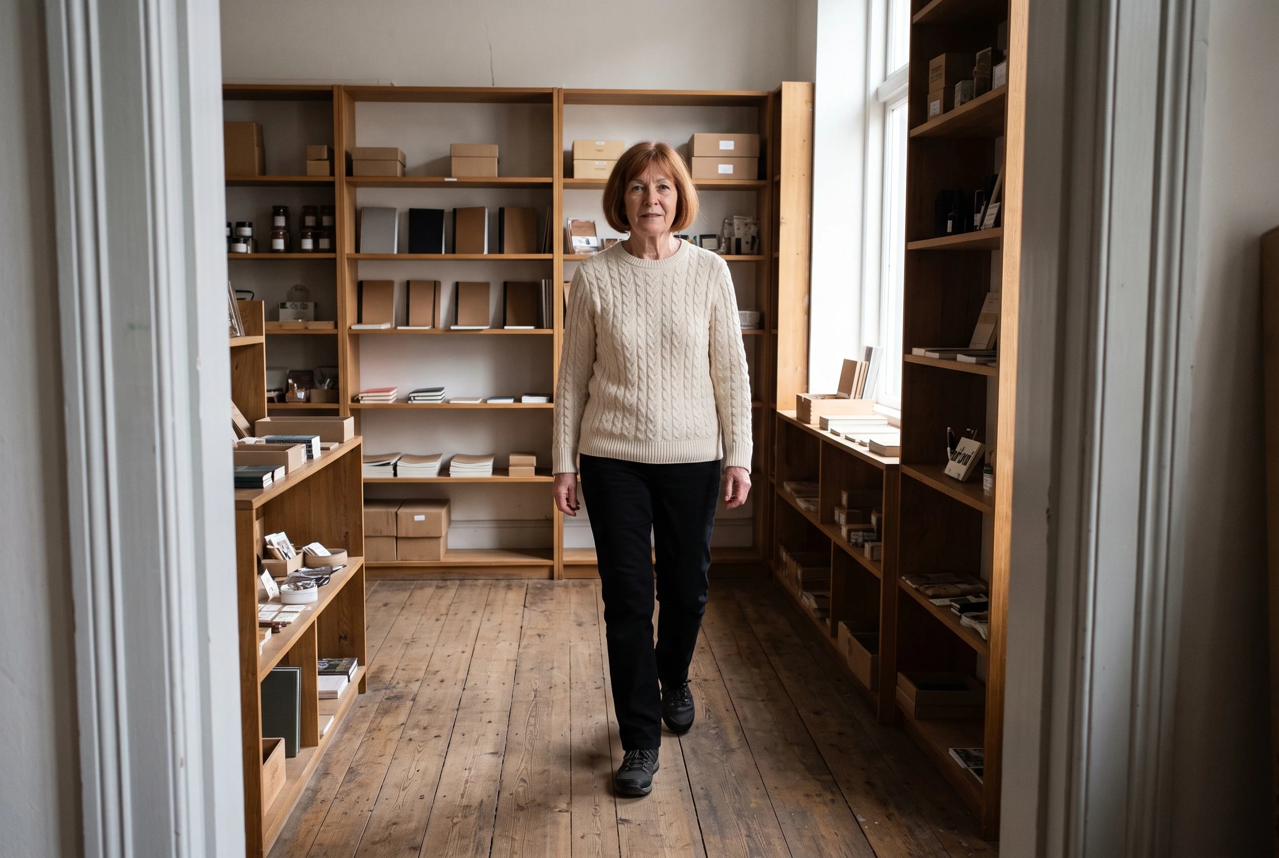 A cream cable-knit sweater and straight black trousers fill the center of the frame on a woman over 60 walking through a quiet bookstore.