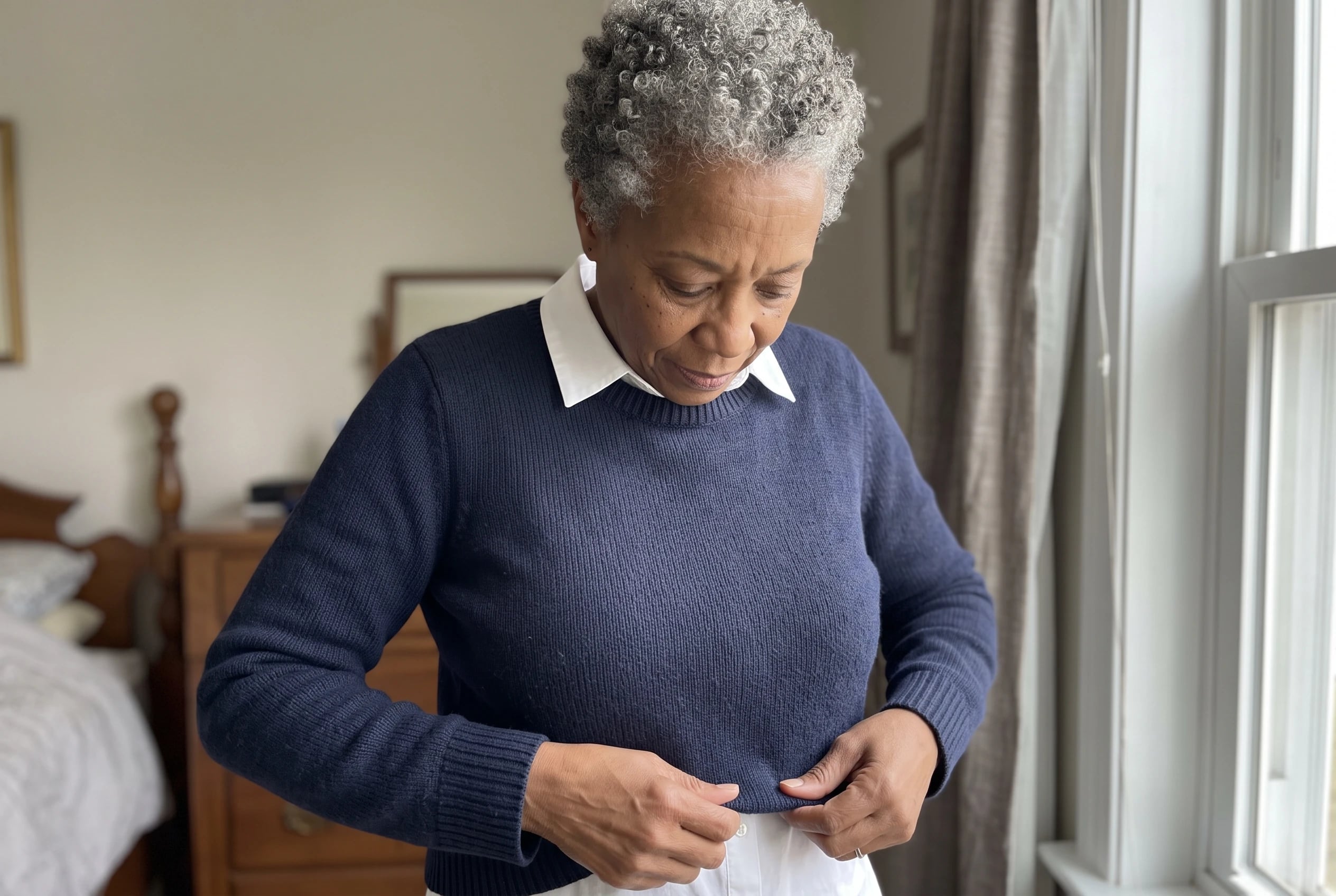 A navy sweater with a crisp white shirt collar fills the center of the frame on a woman in her sixties standing by her bedroom window.