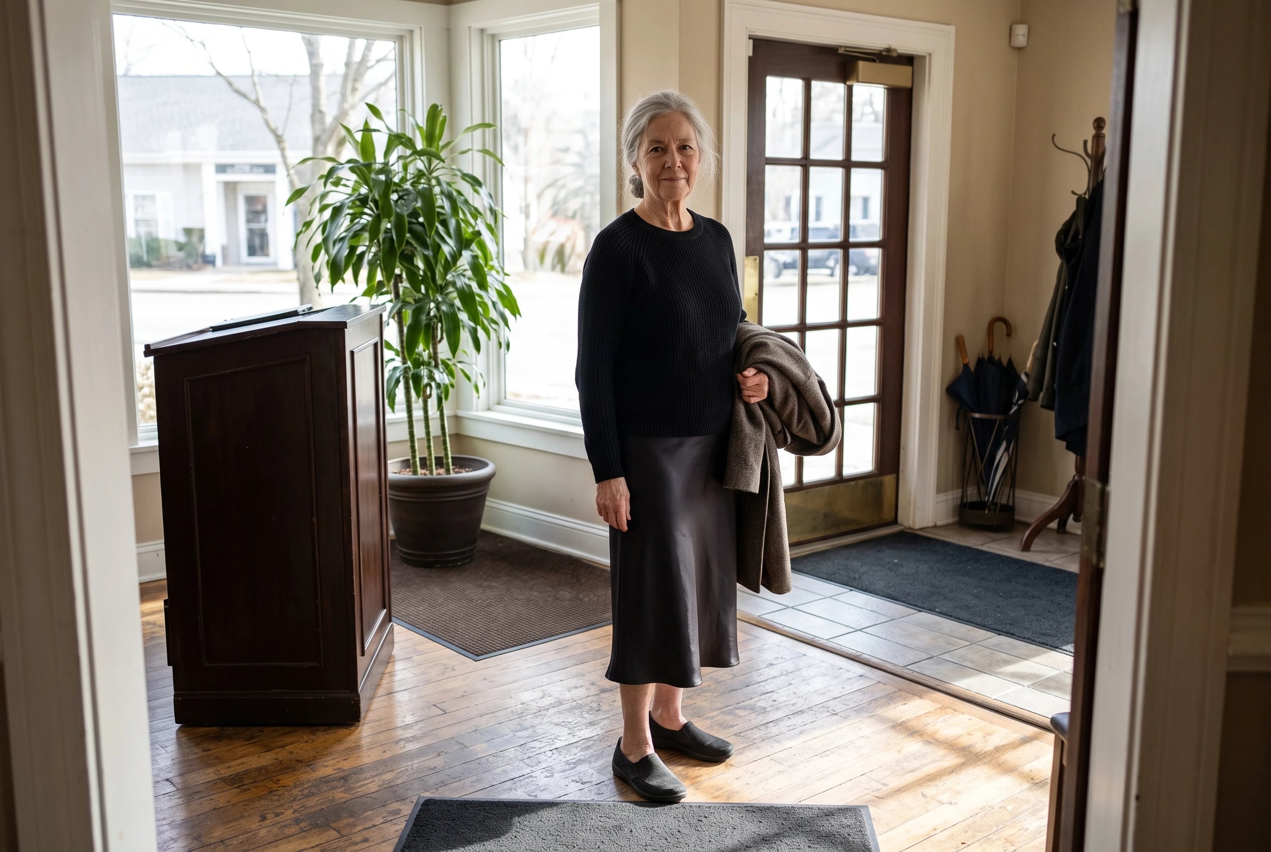 A black sweater and satin midi skirt fill the center of the frame on a woman over 60 taking off her coat at a restaurant.
