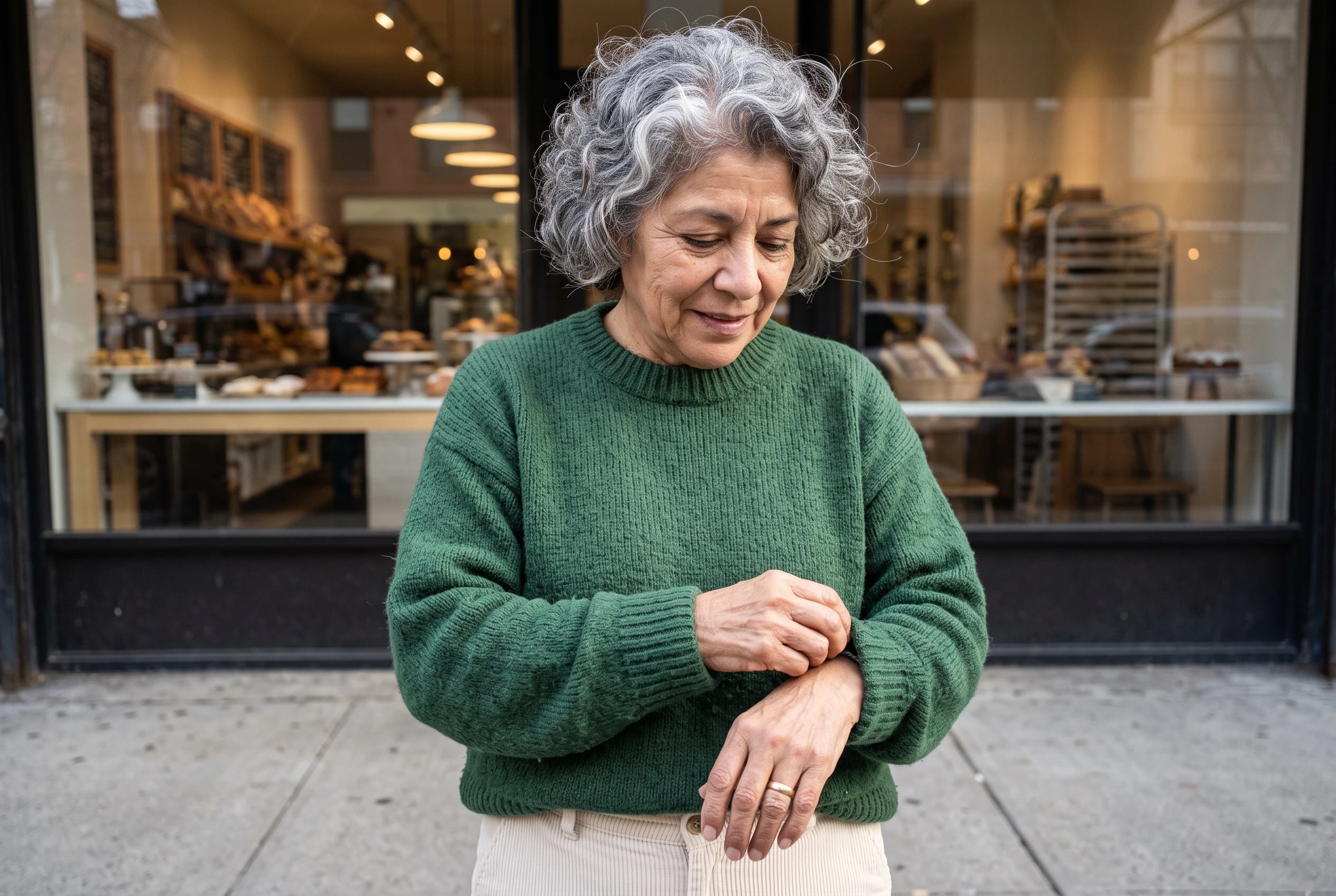 A forest-green sweater and cream corduroys fill the center of the frame on a woman in her sixties standing outside a bakery.