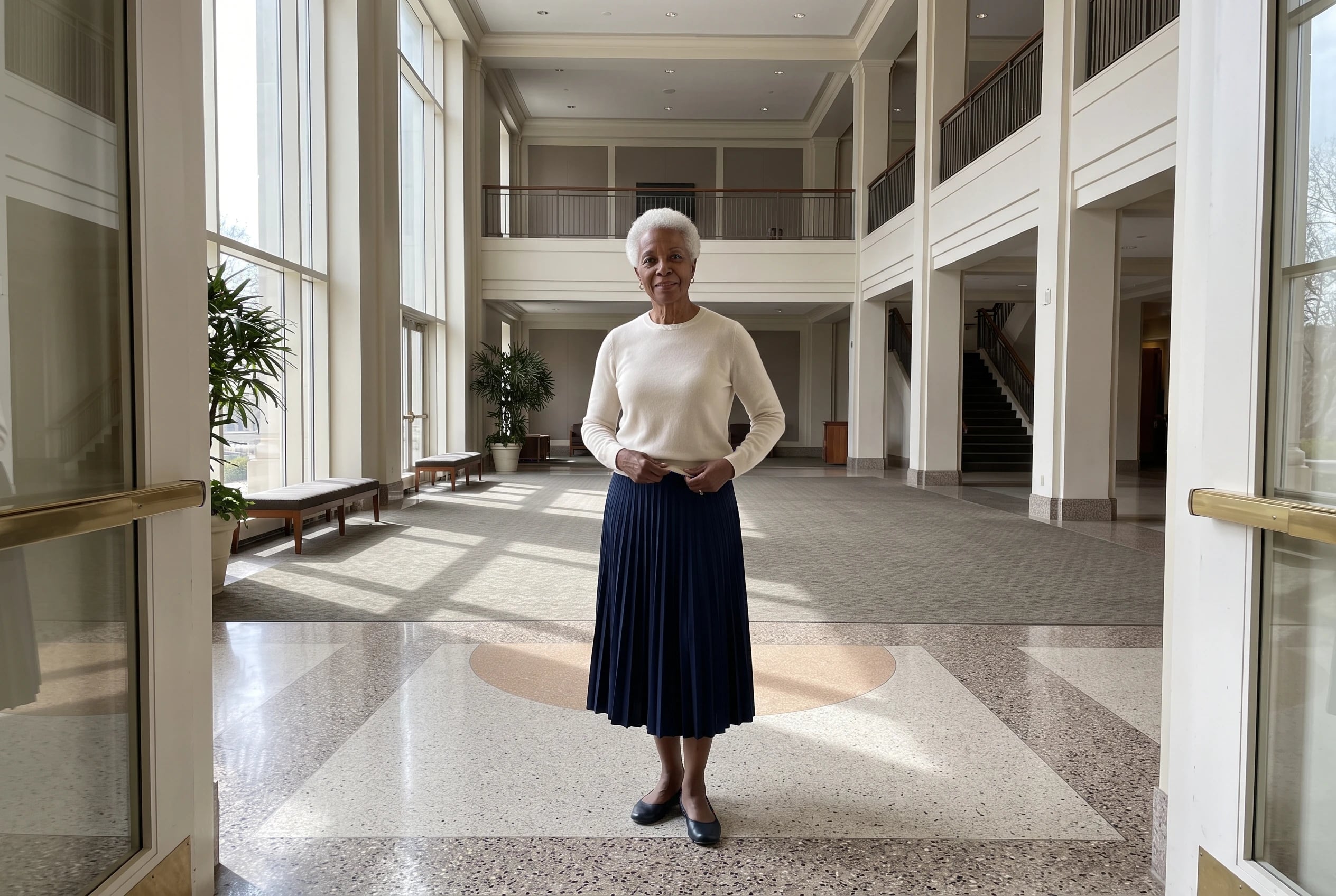 A fine cashmere crewneck and pleated skirt fill the center of the frame on a woman over 60 entering a concert hall.