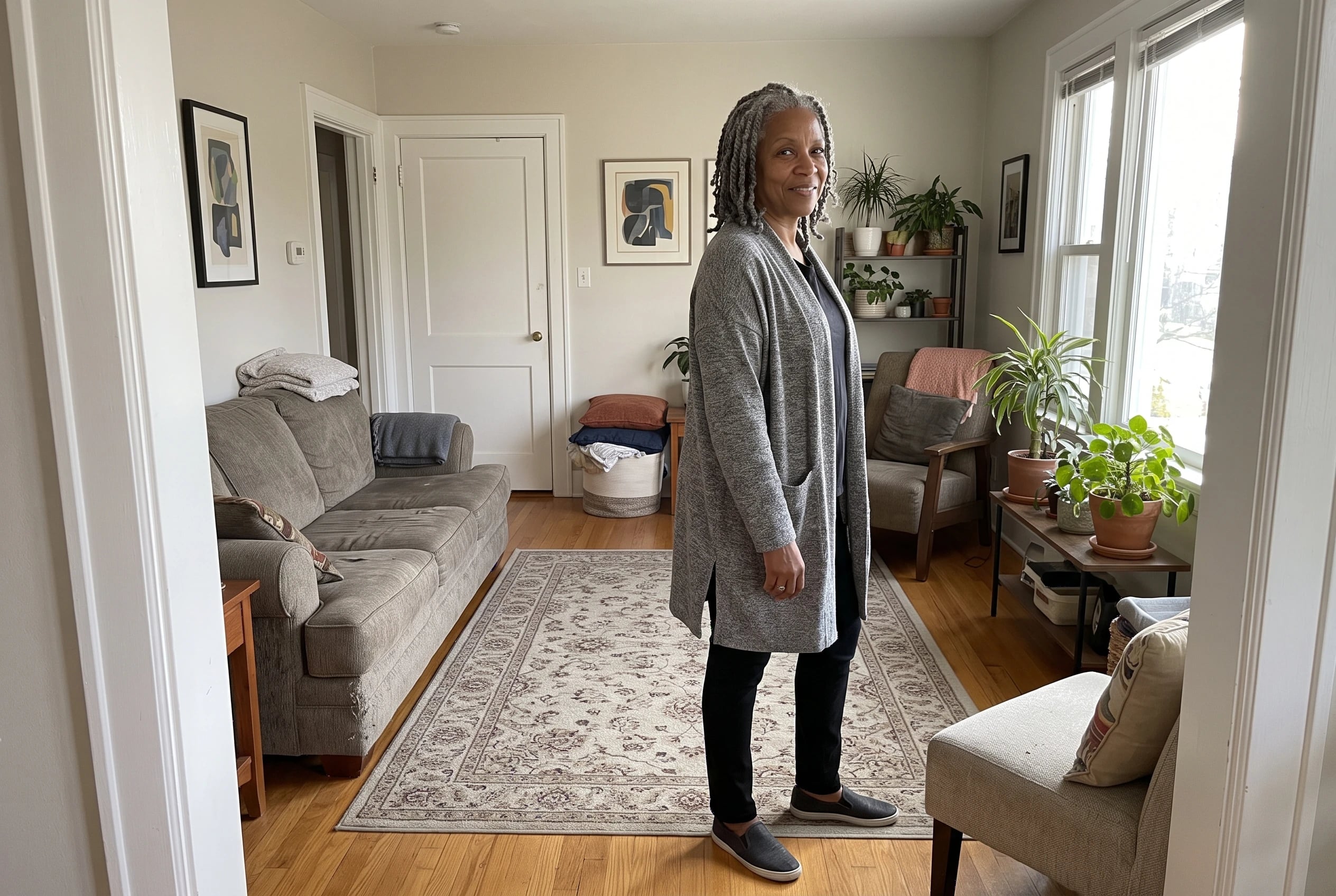 A long cardigan and slim black pants fill the center of the frame on a woman in her sixties walking through her living room.