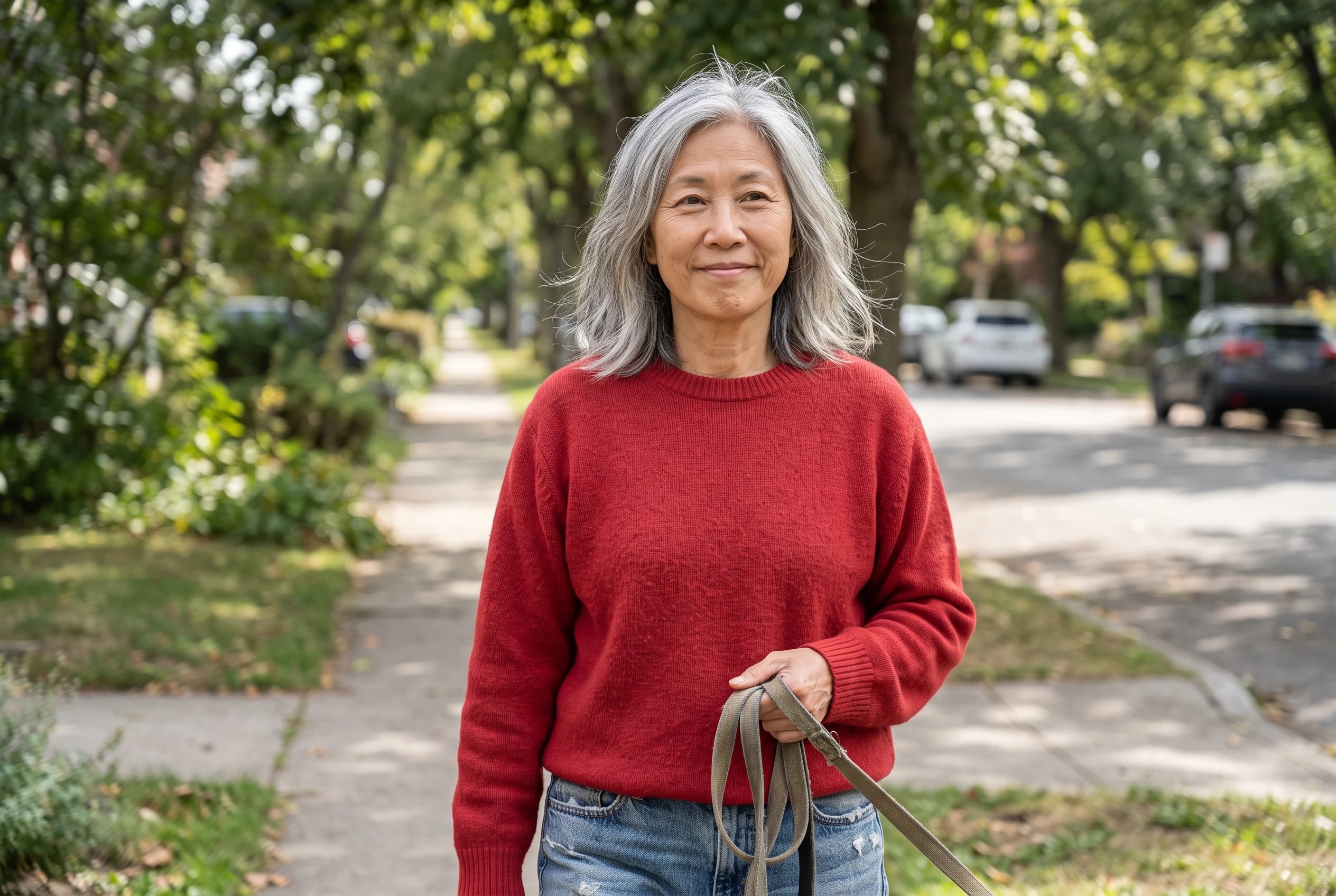 A red crewneck sweater and faded jeans fill the center of the frame on a woman over 60 walking her dog along a tree-lined street.