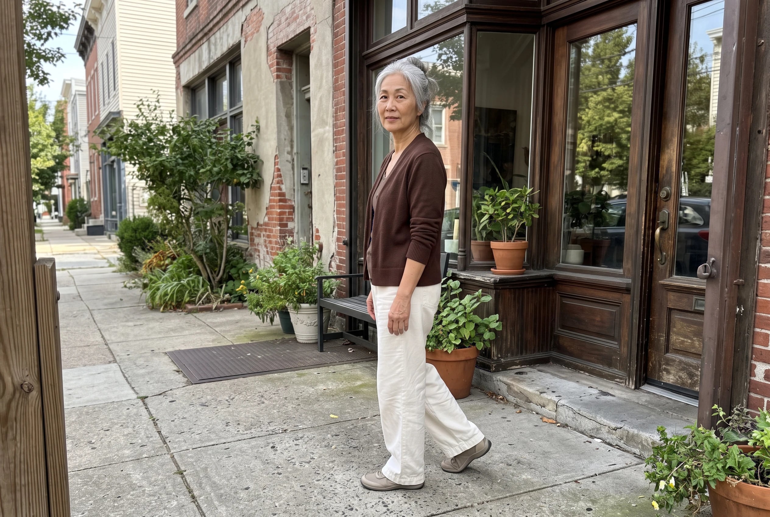 A chocolate cardigan and ivory trousers fill the center of the frame on a woman in her sixties stepping out of a neighborhood shop.