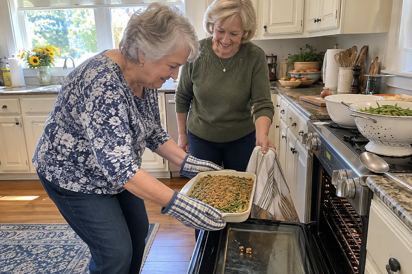 Woman puts a small baking dish of green bean casserole into an oven.