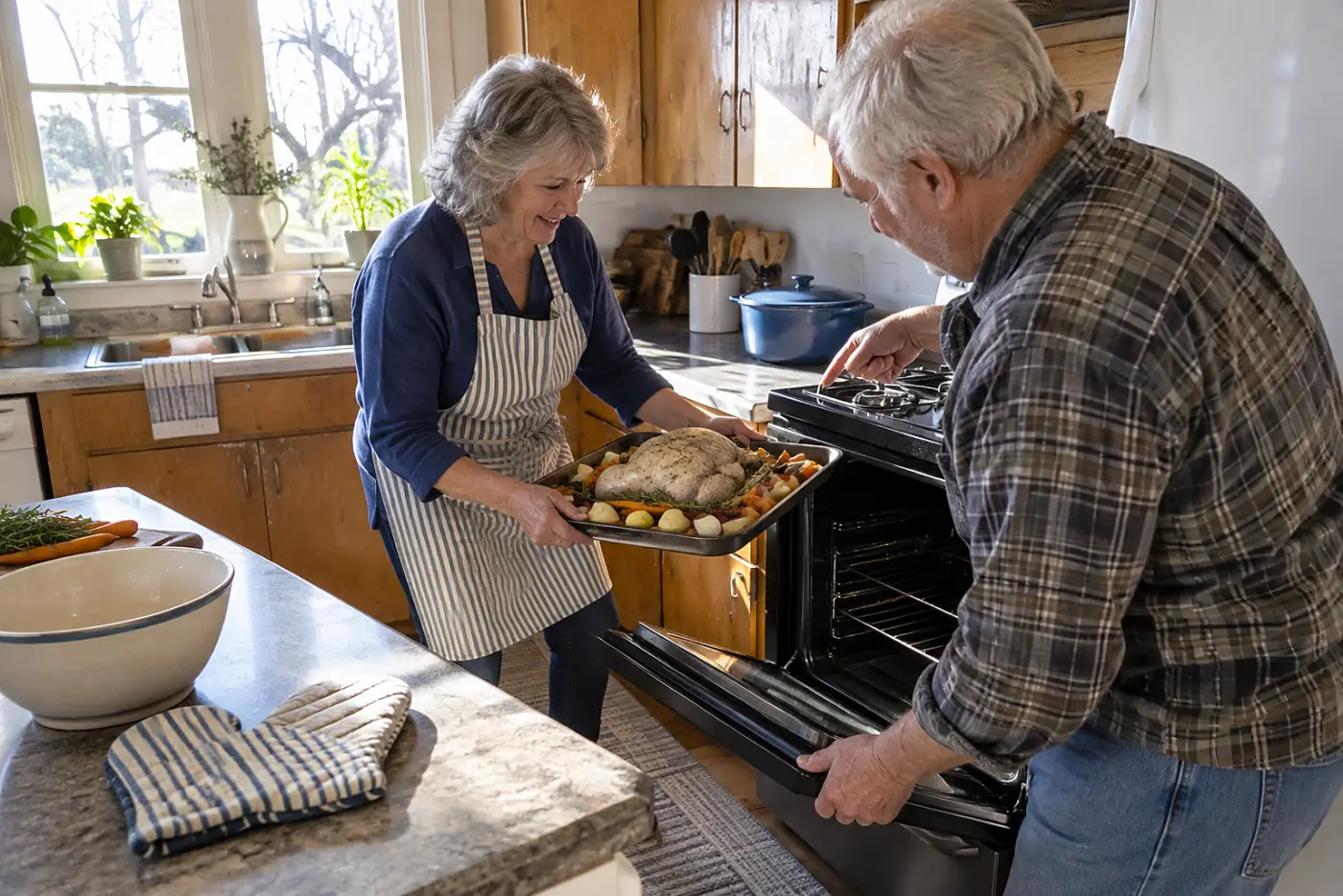 Woman slides a sheet pan of turkey and vegetables into an oven.