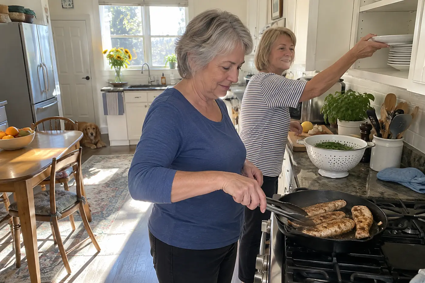 Woman turns turkey tenderloins with tongs at the stove in her apartment kitchen.