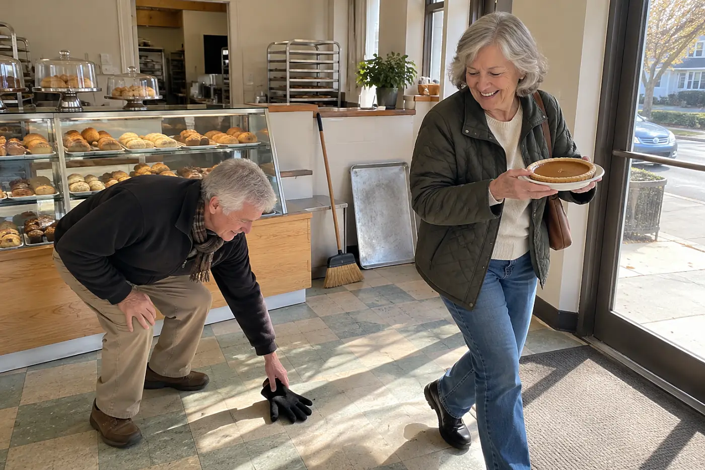 Woman carries a 6-inch pumpkin pie from a neighborhood bakery counter.