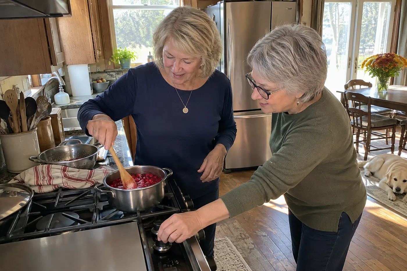 Woman stirs cranberries bubbling in a small saucepan at a stove.