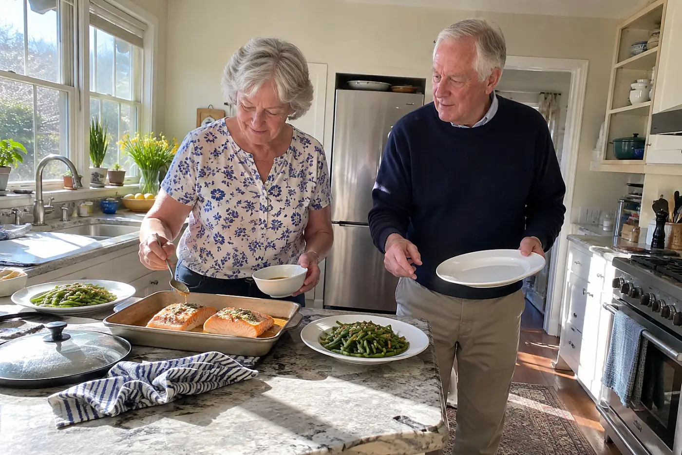 A woman spoons garlic butter over two salmon fillets beside plated green beans in a kitchen.