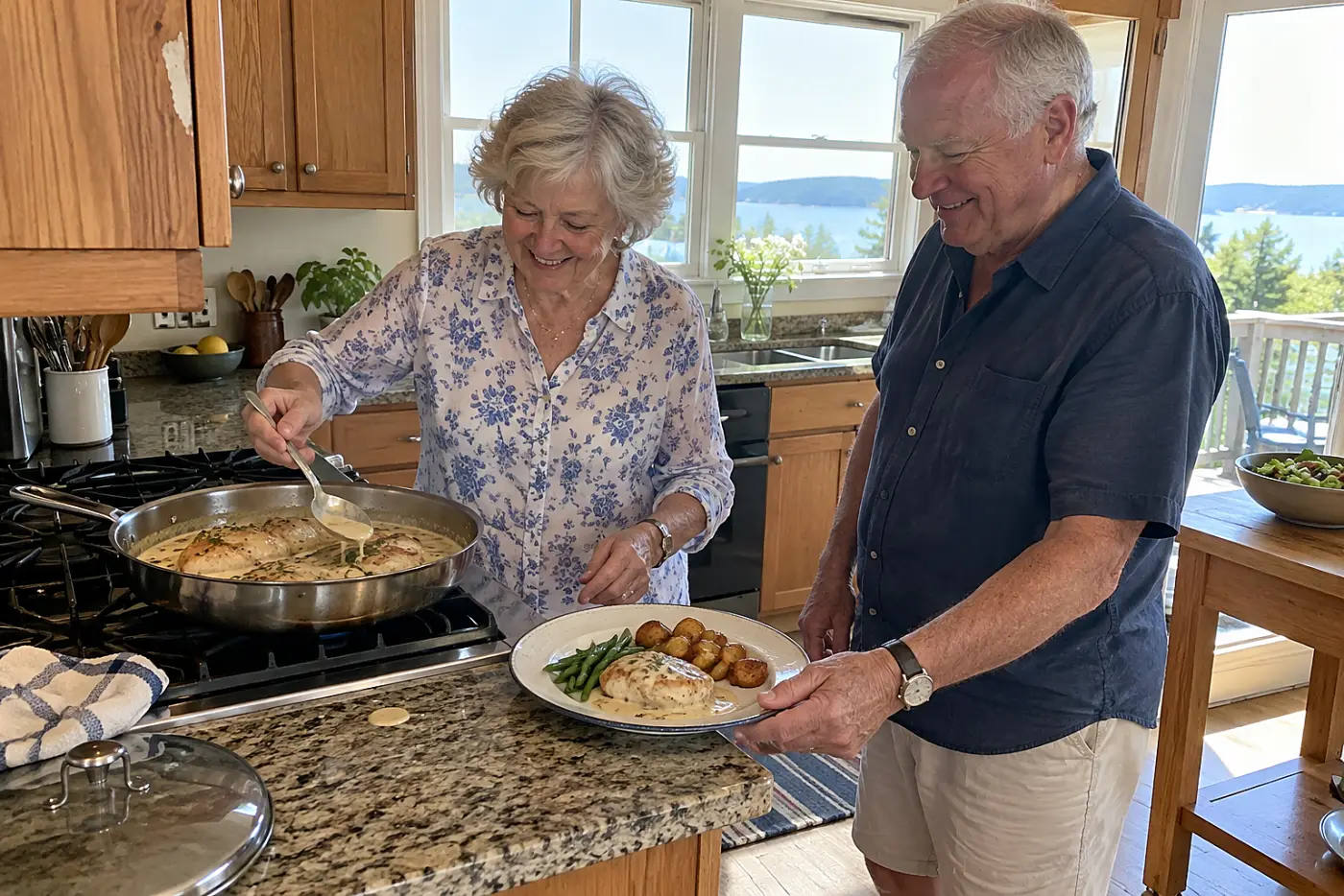 A woman spoons cream sauce over chicken at a vacation rental stove.