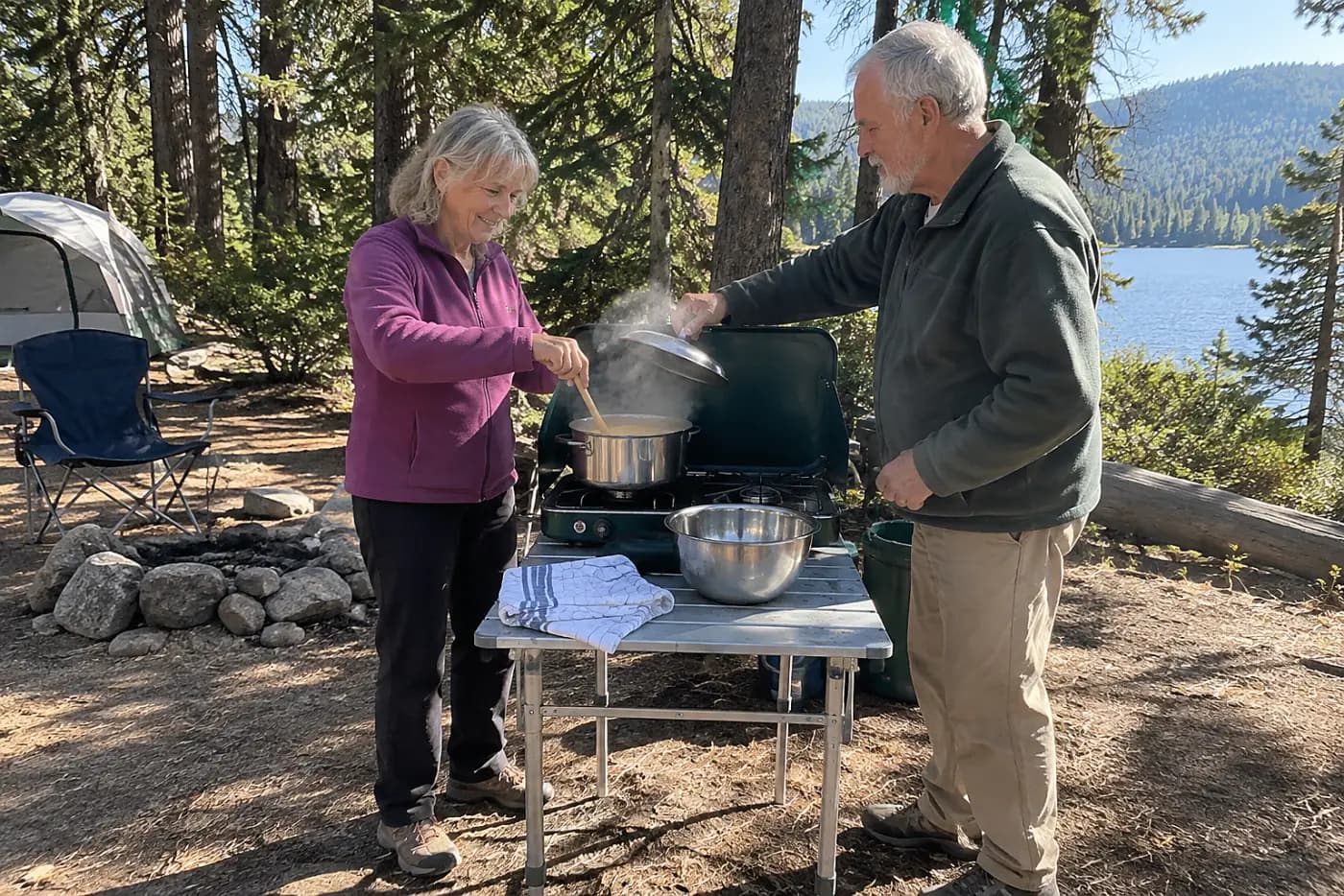A woman stirs spaghetti in a saucepan at a campsite cooking station.