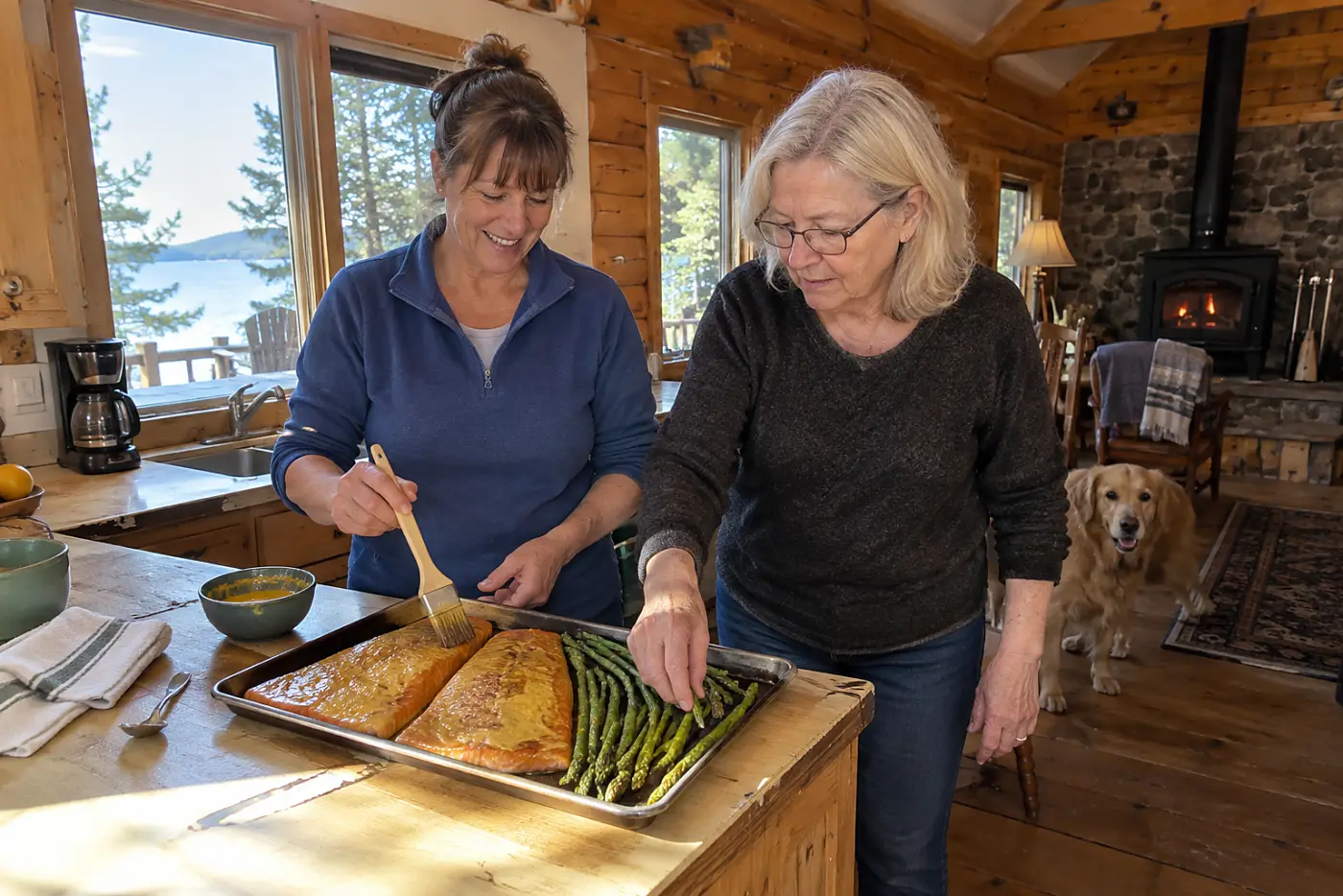 A woman brushes mustard onto salmon beside asparagus on a cabin counter.