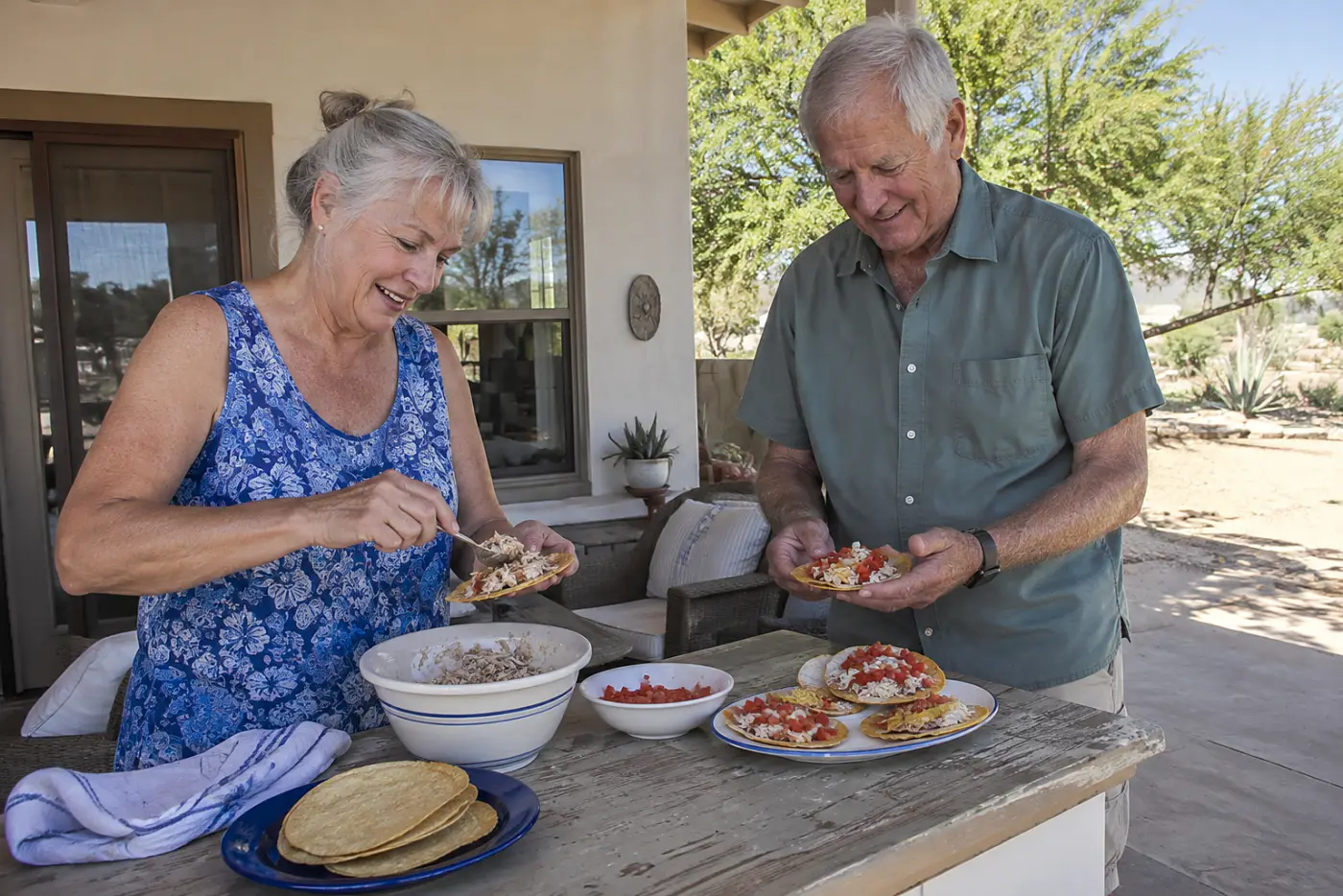A woman tops baked tostada shells with chicken and tomato on a porch counter.