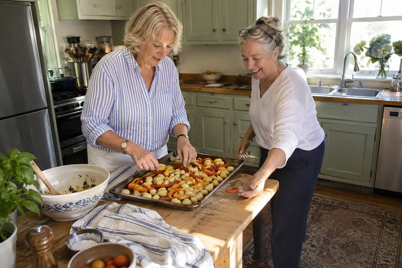 A woman spreads gnocchi and peppers across a sheet pan in a cottage kitchen.