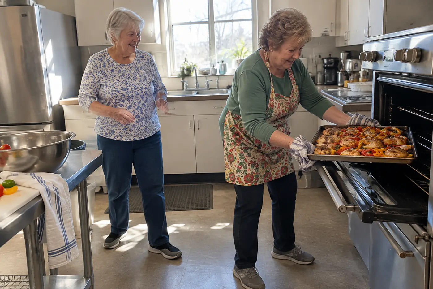 A woman lifts a sheet pan of chicken and peppers from an oven in a community center kitchen.