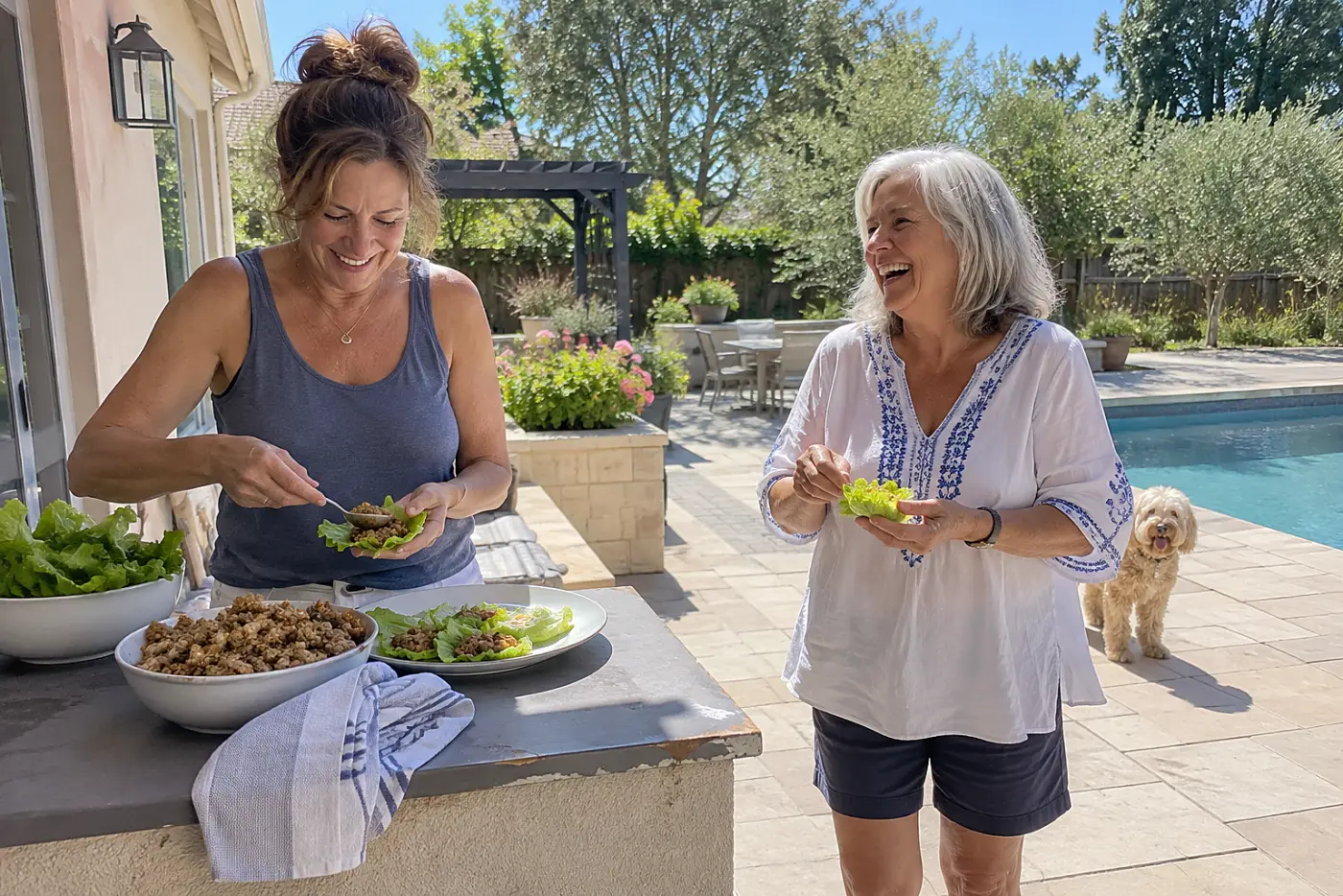 A woman fills lettuce leaves with cooked ground turkey on a patio.